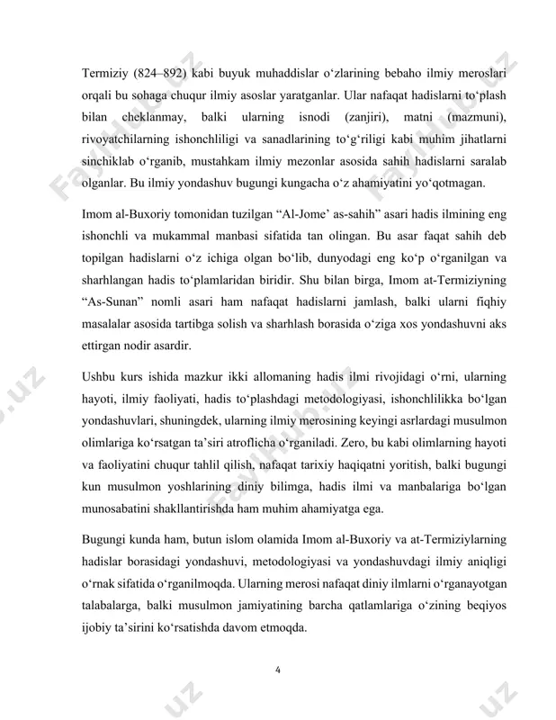 ilmiy faoliyatini sayohatlardan keyin boshlagan. u o'sha davrda islom dunyosining turli mintaqalariga borib, yetuk olimlardan hadislar to'plagan. u bag'dod, misr, xuroson, hijoz, sham, erondagi o'ttizdan ortiq shaharlarda sayohat qilib, rivoyatchilardan hadislar eshitgan. jami sayohatlari natijasida u minglab olimlardan hadislar to'plagan deyiladi. bu jarayon orqali u sanadlarni tekshirish, rivoyatchilarning ishonchliligini aniqlash, hadis matnlari orasidagi farqlarni tahlil qilish kabi ko'nikalarga ega bo'ldi[footnoteref:1][footnoteref:2]. [1: ] [2: abdullayev f. islom ilmlari tarixi. toshkent: adib, 2009. ahmadov m.a. hadis ilmi nazariyasi va metodologiyasi. toshkent: fan, 2008. ] imom al-buxoriyning ilmiy faoliyati faqatgina hadislar to'plash bilan cheklanmagan. u hadislar orasidagi bog'liqlik, ulardagi ma'nolar, tarixiy kontekstlarni ham chuqur tahlil qilgan. buning uchun u har bir hadisni sanadi, matni, rivoyatchilari bilan birga tekshirgan. shu bilan birga, u o'z davri mutafassirlari, fuqahosi, falsafaviy guruhlari bilan ham tanishgan, lekin ularning ta'sirini hadis talqiniga kiritmagan. bunday qat'iyatlari hamda mezonlari natijasida uning asarlari islom dunyosida keng e'tirof etilgan. uning eng mashhur asari …