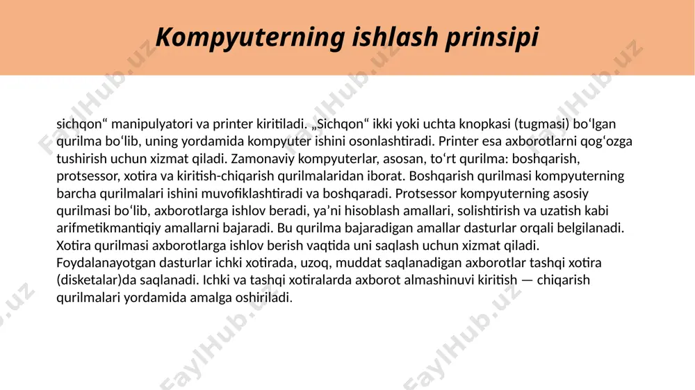 . ultratovush tekshiruvi – qorin bo‘shlig‘i ultratovush tekshiruvi: jigar, o‘t yo‘llari, o‘t pufagi, oshqozon osti bezi, taloq, buyraklar, qorin aortasi, qovuqni o‘rganish. – transrektal ultratovush: prostata va urug‘ pufakchalarini o‘rganish. – moyak ultratovush tekshiruvi: didim va epididimni, venoz pleksusni o'rganish (varikoselni baholash). - ginekologik ultratovush: bachadon va tuxumdonlarni o'rganish. – mushaklar va tendonlarning ultratovush tekshiruvi: bo'g'imlarni (elka, tirsak, bilak, tizza, to'piq; faqat 3 oygacha bo'lgan chaqaloqlarda son), mushaklar va tendonlarni o'rganish. – teri va teri osti qismlarini ultratovush tekshiruvi: teri va dermis va yuzaki limfa tugunlari (bo‘yin, qo‘ltiq, chanoq va boshqalar)dagi o‘zgarishlarni (tugunlar, shishlar va boshqalarni) tekshirish. – yangi tug'ilgan chaqaloqning son suyagi ultratovush tekshiruvi: yangi tug'ilgan chaqaloqning son qismini 3 oygacha o'rganish. - qon tomir ultratovush: tomirlar va arteriyalarni o'rganish. ultratovush tekshiruvi va kompyuterning bog’liqligi ultratovush tekshiruvi (utt), sonografiya— ultratovush toʻlqinlari yordamida inson yoki hayvon tanasini noinvaziv oʻrganish. fizik asoslari ultratovushning fizik asosi piezoelektrik effektdir. baʼzi kimyoviybirikmalarning monokristallari (kvars, …