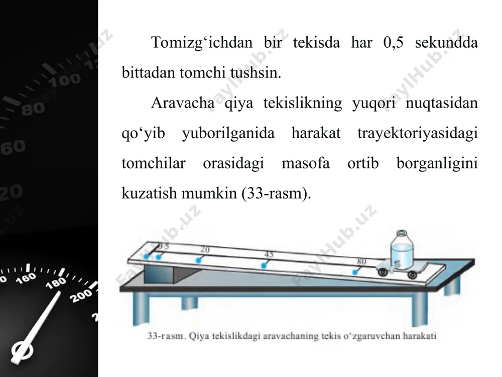 miqdor jihatdan bir xil bo‘lsa ham harakat yo‘nalishi o‘zgarganida: υ → 2 – υ → 1 ≠ 0. demak, tezlikning moduligina emas, harakat yo‘nalishi o‘zgarganida ham tezlanish kuzatilar ekan. to‘g‘ri chiziqli harakatda tezlik va tezlanishning vektor qiymatlari o‘rniga skalyar qiymatlarini olish mumkin. chunki to‘g‘ri chiziqli harakatning turli vaqtdagi yo‘nalishlari o‘zgarmaydi. o‘zgaruvchan harakat haqida ma’lumot beruvchi asosiy kattaliklardan biri tezlanish ekanligi ma’lum bo‘ldi. keyingi boblarda uning paydo bo‘lish sabablariga to‘xtalamiz. *