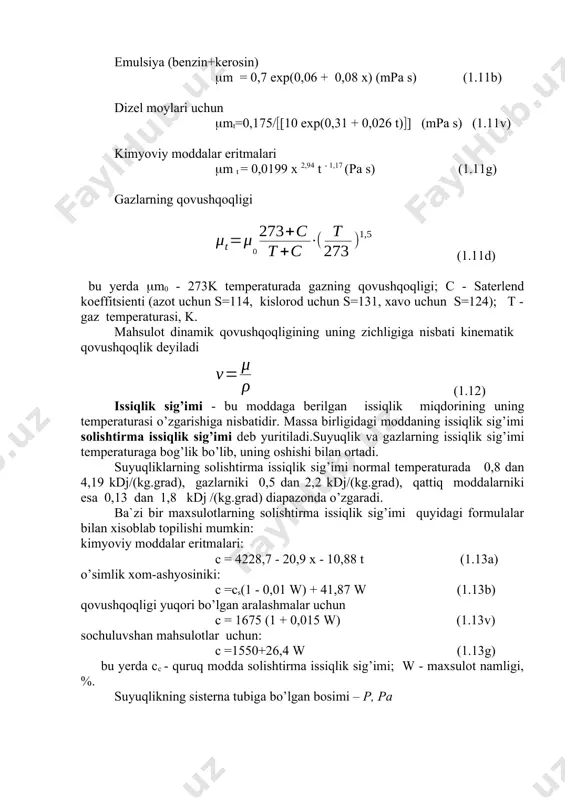 ning solishtirma issiqlik sig’imi quyidagi formulalar bilan xisoblab topilishi mumkin: kimyoviy moddalar eritmalari: c = 4228,7 - 20,9 x - 10,88 t (1.13a) o’simlik xom-ashyosiniki: c =cs(1 - 0,01 w) + 41,87 w (1.13b) qovushqoqligi yuqori bo’lgan aralashmalar uchun c = 1675 (1 + 0,015 w) (1.13v) sochuluvshan mahsulotlar uchun: c =1550+26,4 w (1.13g) bu yerda cc - quruq modda solishtirma issiqlik sig’imi; w - maxsulot namligi, %. suyuqlikning sisterna tubiga bo’lgan bosimi – p, pa (1.14) paskal qonuniga asosan tinch turgan suyuqlikning hamma nuqtasidagi bosim bir xil bo’ladi. shuning uchun gidravlik press porsheni tagidagi suyuqlikka ta’sir qiluvchi bosim p, pa quyidagicha aniqlanadi. p = (1.15) kichik porshenning ko’ndalang kesim yuzasi – s1 , m2 quyidagiga teng: s1 = (1.16) katta porshenning ko’ndalang kesimi yuzasi – s2 , m2 quyidagiga teng: s2 = (1.17) katta porshenga ta’sir etuvchi kuch quyidagiga tengdir: - f2 , n (1.18) shuningdek truba diametrining to’satdan …