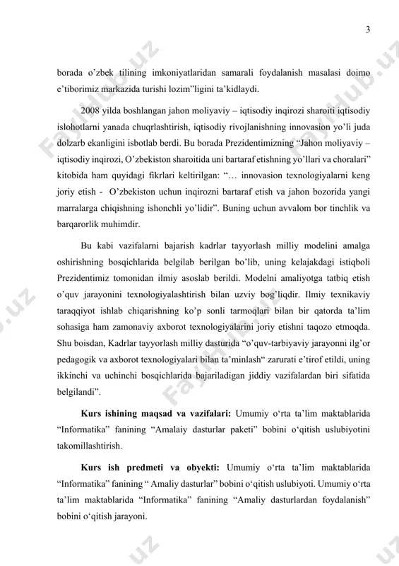 aliy dasturlar” bobini o‘qitish uslubiyoti. umumiy o‘rta ta’lim maktablarida “informatika” fanining “amaliy dasturlardan foydalanish” bobini o‘qitish jarayoni. 1.windows operatsion sistemasining amaliy dasturlari amaliy dasturlar foydalanuvchi tomonidan aniq amallar bajarilishini ta`minlaydi. amallarga misol keltirsak unga matn kiritish, rasm chizish, fototasvirlarni qayta ishlash, illustrasiya, video ma`lumotlarni qayta ishlash, audio ma`lumotlarni qayta ishlash, aloqa o`rnatish, hisob - kitob ishlari kabi amallar misol bo`la oladi. kompyuter tizimi bilan o’zaro muloqotda bo’lish, ko’nikmalarni hosil qilishda va amaliy dasturiy ta'minot bilan ishlashda, ishni odatda matn redaktorlaridan boshlanadi matn kiritish dasturlar. matn kirituvchi dasturlar qisqa hajmdagi matnlarni va ko`p sahifali matnli ma`lumotlarni kiritish uchun mo`ljallangan. bu dasturlarning mavjudligi shu yo`nalishda ishlaydigan mutaxassislar uchun qulay va ularning ish samaradorligini, hamda uning sifatini oshiradi. aniqrog`i bir marotaba kiritilgan ma`lumotni kompyuterning xotirasida uzoq muddatda saqlashi, o`zgartirish kiritishi, nusxa olishi va istalgan nusxada chop etib olishi mumkin. matnli muharrirlar matnli axborotni qayta ishlash uchun mo’ljallangan va asosan quyidagi vazifalarni bajaradi: matnni …