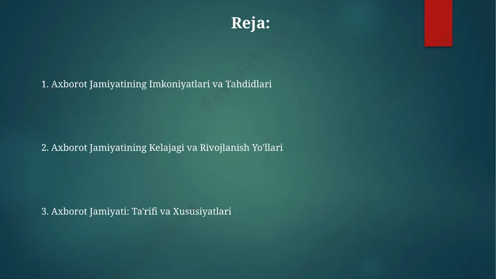 ining sonini 3 milliarddan oshirib yubordi. axborot jamiyatining kelajagi sun'iy intellektning rivojlanishi tufayli, 2030-yilga kelib, avtomatlashtirilgan jarayonlarning soni 50% ga ko'payib, ish bozorida tub o'zgarishlarni keltirib chiqaradi. kiberxavfsizlik muammolari, ayniqsa, 100 millionlab qurilmalarning internetga ulanishi bilan, axborot jamiyatining taraqqiyoti uchun jiddiy to'siq bo'lib qoladi. axborot jamiyatining kelajagi katta hajmdagi ma'lumotlarni (big data) tahlil qilish orqali shaxsiylashtirilgan xizmatlarning 30% ga oshishi bilan bog'liq. axborot jamiyati ta'rifi axborot jamiyati iqtisodiyotning raqobatbardoshligini 30% ga oshirishi, ishsizlik darajasini pasaytirishi va 50% gacha aholining turmush darajasini yaxshilashga hissa qo'shishi mumkin, ammo kiberxavfsizlik va raqamli tengsizlik kabi muammolarni ham keltirib chiqarishi mumkin. axborot jamiyati – bu axborot-kommunikatsiya texnologiyalarining (akt) jamiyatning barcha jabhalariga chuqur integratsiyalashgan, 21-asrning rivojlangan ijtimoiy-iqtisodiy tizimi bo'lib, unda bilimlar va axborotlar asosiy resurs hisoblanadi. axborot jamiyatining shakllanishida internetning keng tarqalishi, mobil aloqa vositalarining rivojlanishi va katta hajmdagi ma'lumotlarni qayta ishlash (big data) texnologiyalari muhim rol o'ynaydi, bu jarayon global miqyosda 100 dan ortiq mamlakatni …