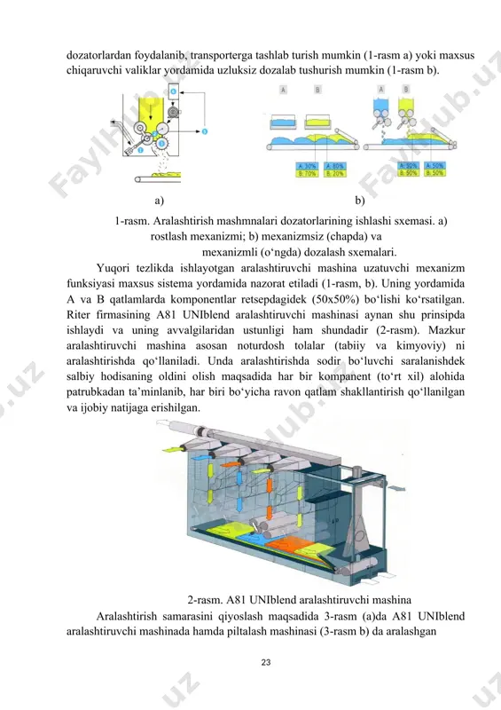 ur usul xolstlar bilan melanjlashda qo‘llaniladi. o‘rganilayotgan fan yangi texnika va texnologiyaga oid bo‘lganligi uchun yangi texnologiyalardan hisoblangan qatlamlab aralashtirish hozir ko‘p kamerali aralashtirish mashinalarida har bir bunkerdan chiqayotgan tolalarning uzatuvchi panjaraga qatlamlari ustma-ust tushishi natijasida sodir bo‘ladi. bunkerlar soni nechta bo‘lsa, qatlamlar soni ham shuncha bo‘ladi. tolalar tasmali transporterlarda qatlamlab aralashtiriladi, bunkerlardan tolalarni 22 dozatorlardan foydalanib, transporterga tashlab turish mumkin (1-rasm a) yoki maxsus chiqaruvchi valiklar yordamida uzluksiz dozalab tushurish mumkin (1-rasm b). a) b) 1-rasm. aralashtirish mashmnalari dozatorlarining ishlashi sxemasi. a) rostlash mexanizmi; b) mexanizmsiz (chapda) va mexanizmli (o‘ngda) dozalash sxemalari. yuqori tezlikda ishlayotgan aralashtiruvchi mashina uzatuvchi mexanizm funksiyasi maxsus sistema yordamida nazorat etiladi (1-rasm, b). uning yordamida a va b qatlamlarda komponentlar retsepdagidek (50x50%) bo‘lishi ko‘rsatilgan. riter firmasining a81 uniblend aralashtiruvchi mashinasi aynan shu prinsipda ishlaydi va uning avvalgilaridan ustunligi ham shundadir (2-rasm). mazkur aralashtiruvchi mashina asosan noturdosh tolalar (tabiiy va kimyoviy) ni aralashtirishda qo‘llaniladi. unda aralashtirishda …