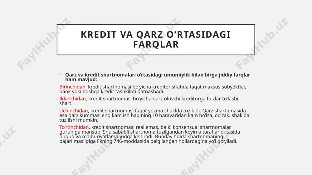 hlab chiqishda ishtirok etish. ipotekani qayta moliyalashtirish tashkiloti (bundan buyon matnda tashkilot deb yuritiladi) — moliyaviy mablag‘larni jalb qilish va ularni ipoteka kreditlarini qayta moliyalashtirishga yo‘naltirish bo‘yicha faoliyatni amalga oshiruvchi yuridik shaxs; kredit uyushmasi yuridik va jismoniy shaxslar tomonidan kreditlar berish maqsadida ixtiyoriy teng huquqlililik asosida tuziladigan kredit tashkiloti kredit uyushmasi deb e’tirof etiladi. “kredit uyushmalari to‘g‘risida” qonun 2002-yil 4-aprel kredit munosabatlarida taraflarning huquq va majburiyatlari o’zbekiston respublikasi fuqarolik kodeksi , 746-modda. kredit berish yoki olishdan bosh tortish kreditor qarz oluvchini to‘lovga qobiliyatsiz deb hisoblasa, qarz oluvchi kreditni ta’minlash majburiyatlarini bajarmasa, shartnomada nazarda tutilgan kreditdan aniq maqsadda foydalanish majburiyatini buzsa, shuningdek shartnomada nazarda tutilgan boshqa hollarda qarz oluvchiga kredit shartnomasida nazarda tutilgan kreditni berishdan butunlay yoki qisman bosh tortishga haqli. qarz oluvchi kredit olishdan butunlay yoki qisman bosh tortishga haqli. agar qonunchilikda yoki shartnomada boshqacha tartib nazarda tutilgan bo‘lmasa, qarz oluvchi bu haqda kreditorni kredit shartnomasida belgilab qo‘yilgan kredit berish …