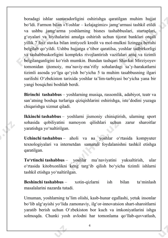asosiy dolzarb masalalardan biri yoshlarni ma’naviy barkamol insonlar qilib tarbiyalash va ularni ongida ona vatanga muhabbat his-tuyg`usini uyg`otish, komil insonning sharqona fazilatlarini o’rganishdan iborat. kurs ishining predmeti: shundan iboratki, unda barkamol insonni tarbiyalashni tashkil etishning mazmuni, omili va shakllari. kurs ishining tuzilishi: kirish, 3 paragraf, xulosa, foydalanilgan adabiyotlar ro`yxatidan iborat. ma'naviy barkamol inson tushunchasi, uning mohiyati. mamlakatimizda barkamol avlodni shakllantirish, yoshlarni ma’naviy-axloqiy va jismonan sog‘lom etib tarbiyalash, ularni olib borilayotgan islohotlarning faol ishtirokchisiga aylantirishga qaratilgan chora-tadbirlar izchil amalga oshirilmoqda. jumladan, maktabgacha ta’limning zamonaviy tizimi, 11 yillik umumiy o‘rta ta’lim joriy qilinmoqda, zamonaviy oliy ta’lim muassasalari hamda nufuzli xorijiy universitetlarning filiallari tashkil etilmoqda. yoshlarning bandligini ta’minlash va ularni tadbirkorlik faoliyatiga keng jalb qilish bo‘yicha ishlarni mutlaqo yangi tizim asosida tashkil etish va amalga oshirish maqsadida “yoshlar – kelajagimiz” davlat dasturi qabul qilindi. yoshlar bilan doimiy muloqot qilish mazkur sohadagi dolzarb muammolarni aniqlash va hal etishda davlat organlari va jamoat tashkilotlari faoliyatining …