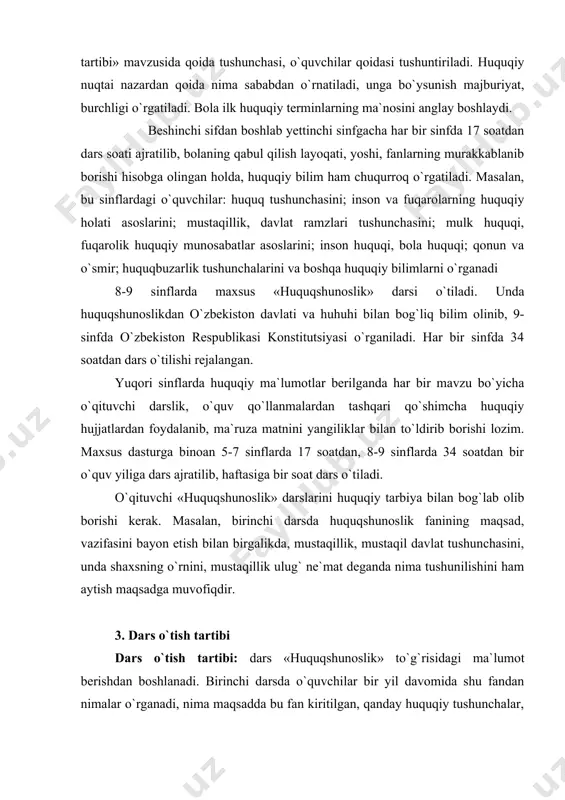 ing boshqa fanlardan, ayniqsa, tarix, odobnoama, milliy istiqlol mafkurasi va shu kabilardan bilimlari hisobga olinadi. masalan, davlat shaklini tushuntirganda, o`quvchi tarix fanlaridan bu mavzularni o`rganganligi e`tiborga olinib, mavzuni takrorlamasdan yoritishga harakat qilinadi. darsni faqat ma`ruza shaklida emas, suhbat yoki axborot shaklida o`tish mumkin. suxbatda o`qituvchi o`quvchilarga savol berib, javob oladi va ularning o`zlashtirishiga qarab, o`z fikrlarini bildiradi, rejadagi masalalarni alohida-alohida so`zlab beradi. o`qituvchi o`quvchilarga jadval, sxemalar tayyorlab kelishni topshirishi mumkin va dars yakunida ular tuzgan jadvallarni ko`rib, ularga o`z fikrlarini bildiradi. darsni boshqa usulda ham o`tish mumkin. masalan, o`qituvchi avval mavzuni tinglovchilarga yaxshilab tushuntiradi va dars davomida savollar beradi. javobni eshitishdan oldin o`qituvchi o`quvchilarga bu mavzu tarix yoki boshqa o`tilgan fanlar bilan qanday bog`liqligini eslatadi. shunda o`quvchilar savolga javob berishda o`tilgan boshqa darslar bilan qiyoslab, o`z tushunchalarini kengroq ifodalaydilar. huquqiy bilim darsda, darsdan tashqari o`tkaziladigan mashg`ulotlarda ham olib boriladi. masalan, huquq to`garaklarida huquqshunoslik fanining aniq bir sohasini mukammal o`rganish mumkin. …