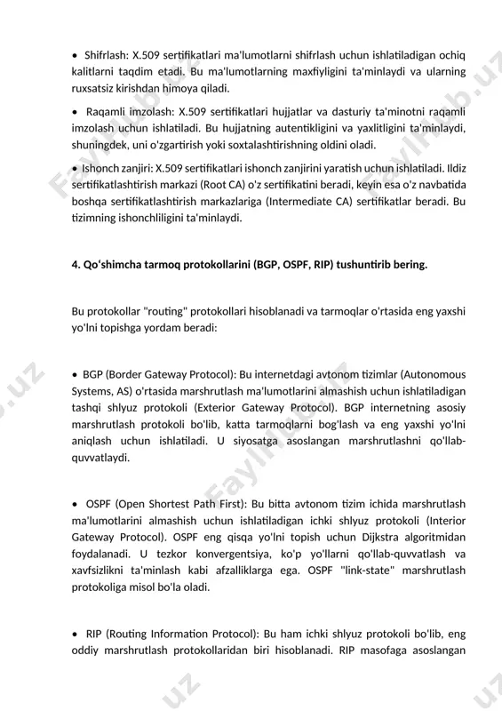 d manzilga yetkazish uchun yuborilishi kerak bo'lgan keyingi routerning ip-manzili. agar maqsad manzilga bevosita ulanish mavjud bo'lsa, bu ustun "direct" yoki "connected" deb ko'rsatilishi mumkin. • interfeys (interface): paketni keyingi qadamga yuborish uchun ishlatiladigan router interfeysi. • masofa (metric): maqsad manzilga yetib borish uchun zarur bo'lgan "xarajat" ko'rsatkichi. bu hop count (o'tishlar soni), bandwidth (o'tkazuvchanlik qobiliyati), kechikish (delay) yoki boshqa omillar bo'lishi mumkin. router eng past masofaga ega bo'lgan yo'lni tanlaydi. • marshrutlash kodi (route type): marshrutning qanday o'rganilganligini ko'rsatadi (masalan, "c" - connected, "s" - static, "r" - rip, "o" - ospf). marshrutlash jadvalining ishlash tartibi: 1. router ma'lumot paketini qabul qiladi. 2. router paketning maqsad ip-manzilini tekshiradi. 3. router marshrutlash jadvalida maqsad ip-manzilga mos keladigan yozuvni qidiradi. 4. agar mos yozuv topilsa, router paketni keyingi qadamga (next hop) yo'naltiradi. 5. agar mos yozuv topilmasa, router paketni sukut bo'yicha yo'naltiruvchiga (default gateway) yuboradi yoki paketni tashlab yuborishi mumkin. 2. …
