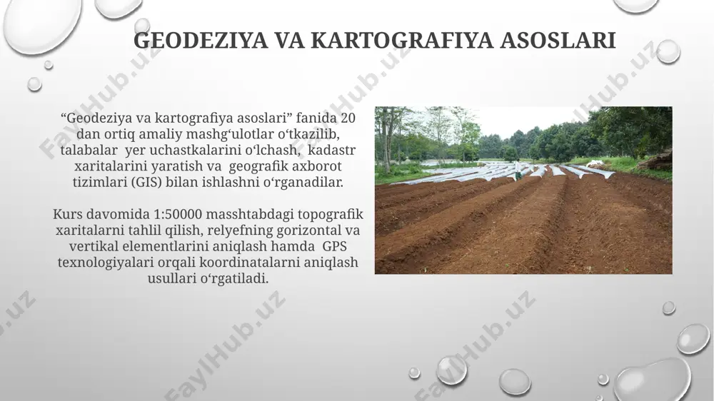 qishloq xo'jaligining samaradorligi 15% ga oshishi mumkin. kelajakda yer kadastri va tuproq tadqiqotlari ma'lumotlar bazalarini birlashtirish orqali 3d modellashtirish va aniqroq prognozlarni olish imkoniyati 80% ga oshadi. tuproq eroziyasi va uning oldini olish tuproq eroziyasining 70% dan ortig'i suv eroziyasi hisoblanadi va bu unumdor qatlamning 2-5 sm gacha yillik yo'qotilishiga olib kelishi mumkin. to'g'ri agrotexnik tadbirlar, masalan, konturli shudgorlash va ko'p yillik o'simliklar ekish, tuproq eroziyasini 50% gacha kamaytirishi mumkin. yer resurslarini boshqarish er resurslarini boshqarishda kadastr ma'lumotlari er uchastkalarining 1:10 000 masshtabdagi xaritalari bilan integratsiyalanib, erning samarali foydalanilishini ta'minlaydi va 30% gacha ishlatilmayotgan erlarni aniqlash imkonini beradi. o'zbekistonning tuproq-klimat zonalari bo'yicha tuproqlarning 5 ta asosiy turini aniqlash va ularning hosildorlik ko'rsatkichlarini baholash orqali, er resurslarini boshqarishda samaradorlikni 15% ga oshirish mumkin. tuproq xususiyatlarini o'rganish usullari tuproqning kimyoviy tarkibini aniqlashda, ph darajasi, organik moddalar miqdori (%), azot (n), fosfor (p), kaliy (k) kabi ozuqa elementlarining miqdori 0.01% gacha aniqlikda spektrofotometrik …