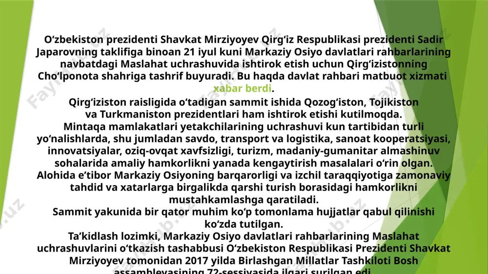 hisi o‘tgan yilning avgust oyida turkmanistondagi «avaza» milliy sayyohlik zonasida bo‘lib o‘tdgan mintaqa yetakchilarining birinchi sammiti 2018 yil mart oyida nur-sulton shahrida, ikkinchisi 2019 yil noyabrda toshkent shahrida, uchinchisi o‘tgan yilning avgust oyida turkmanistondagi «avaza» milliy sayyohlik zonasida bo‘lib o‘tdgan markaziy osiyoning tinchligi va farovonligi hamjihatligimizga bog‘liq — shavkat mirziyoyev shavkat mirziyoyev qirg‘izistondagi sammitda markaziy osiyo tinchligi va barqarorligi o‘zaro hamjihatlik, mintaqa umumiy manfaatlarini himoya qilish bo‘yicha qat’iy choralar ko‘rishga tayyorligiga bog‘liqligini ta’kidladi. prezident iqtisodiy, ekologik va gumanitar sohalarda qator tashabbuslarni ham ilgari surdi. markaziy osiyoning tinchligi va farovonligi hamjihatligimizga bog‘liq — shavkat mirziyoyev shavkat mirziyoyev qirg‘izistondagi sammitda markaziy osiyo tinchligi va barqarorligi o‘zaro hamjihatlik, mintaqa umumiy manfaatlarini himoya qilish bo‘yicha qat’iy choralar ko‘rishga tayyorligiga bog‘liqligini ta’kidladi. prezident iqtisodiy, ekologik va gumanitar sohalarda qator tashabbuslarni ham ilgari surdi. o‘zbekiston prezidenti shavkat mirziyoyev markaziy osiyo davlatlari rahbarlarining to‘rtinchi maslahat uchrashuvida nutq so‘zladi, deb xabar qildi uning matbuot kotibi sherzod asadov. «bugun …