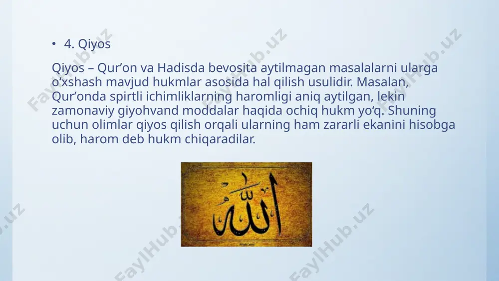 lashga imkon beradi. bu manbalar asosida aqidaviy maktablar shakllangan va islom ilmlarining rivojlanishiga katta hissa qo‘shgan. aqidaviy maktablar musulmonlarning islom e’tiqodini tushunish va talqin qilish usullarini shakllantirdi. ahli sunna val jamoa hozirgi kunda eng keng tarqalgan yo‘nalish bo‘lsa, mu’taziliylar tarixiy ahamiyatga ega. jabriya esa keng ommalashmagan. bu maktablarning har biri islom tafakkurining rivojlanishida muhim rol o‘ynagan. hozirgi kunda aqidaviy maktablarning ahamiyati faqat tarixiy yoki nazariy tushunchalar bilan cheklanmaydi. ular diniy e’tiqodning mustahkamlanishi, ekstremizmga qarshi kurash va ilmiy tafakkurning rivojlanishida muhim rol o‘ynaydi. shu sababli, aqidaviy masalalarni o‘rganish va ularni to‘g‘ri tushunish har bir musulmon uchun muhimdir. image4.png image5.png image1.jpg /docprops/thumbnail.jpeg