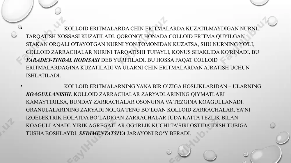 ashda asosiy muolaja hisoblanadi. oʻtkir buyrak yetishmovchiligida g. qoʻllash zararlangan buyrakka dam berib, soʻngra uning faoliyati tiklanishiga olib keladi. gemodializning asoratlari diyalizning dozasi va tajovuzi muhim omillar. masalan, bel og'rig'i tez-tez diyalizda tez suyuqlik chiqarilishi bilan birgalikda namoyon bo'ladi. boshqa tomondan, isitma infektsiyalardan kelib chiqishi mumkin, ammo ayni paytda dialyzerga allergik reaktsiya bo'lishi mumkin. diyalizdagi ko'krak og'rig'i jiddiy qabul qilinishi va qon bosimining pasayishi (yurakka qon quyishning pasayishi, miyokard ishemiya deb ham atalishi ) va havo tarqalishidan yoki havo emboliyasidan kamdan kam sodir bo'lishi mumkin. foydalanilgan adabiyotlar: “tibbiy kimyo” alimxodjayeva.n.t tadjiyeva.x.s va boshqalar “tibbiy kimyo” masharipov.s.m ziyonet.uz vikipediya e’tiboringiz uchun rahmat image2.png image4.jpg image3.png image5.jpeg image6.jpeg image7.jpeg image8.jpeg image9.jpeg image10.jpeg image11.jpeg image12.jpeg image13.jpeg image1.png /docprops/thumbnail.jpeg