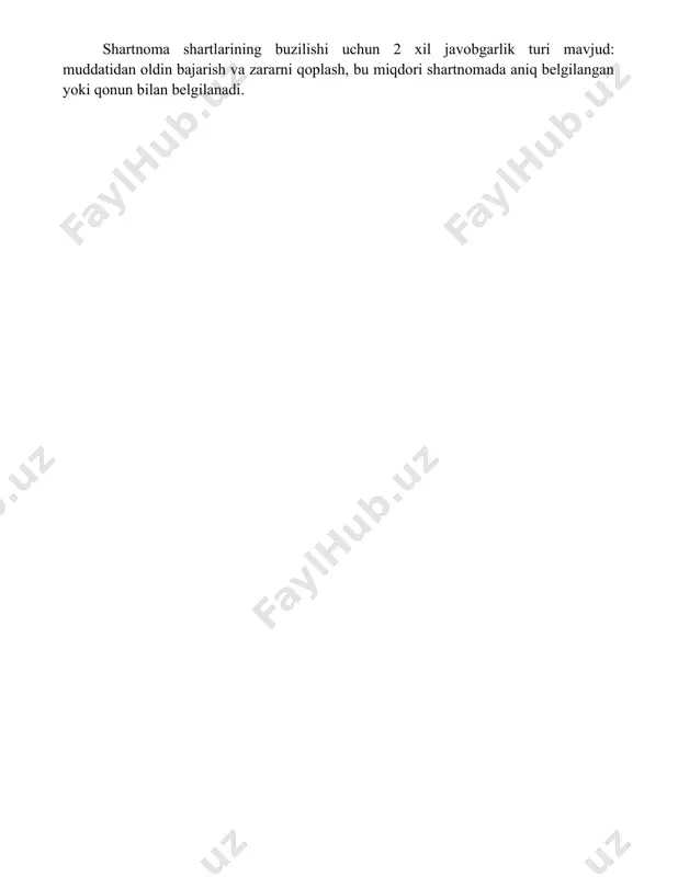 buzilishi uchun 2 xil javobgarlik turi mavjud: muddatidan oldin bajarish va zararni qoplash, bu miqdori shartnomada aniq belgilangan yoki qonun bilan belgilanadi. 📌xulosa fuqarolik huquqi tamoyillari huquqiy munosabatlarning barqarorligini, adolatli va samarali hal etilishini taʼminlaydi, shaxslarning huquq va manfaatlarini himoya qiladi hamda jamiyat taraqqiyotiga xizmat qiladi. 📚foydalanilgan adabiyotlar 1. гражданлик ҳуқуқининг асослари. ўзбекистон республикасининг фуқаролик кодекси ва бошқа қонун ҳужжатларига асосланган дарслик. 2. фуқаролик ҳуқуқи асослари: ўқув қўлланма. 3. гражданское право: учебник. 4. фуқаролик ҳуқуқининг умумий қисми: дарслик. 5. гражданское право: курс лекций. 6