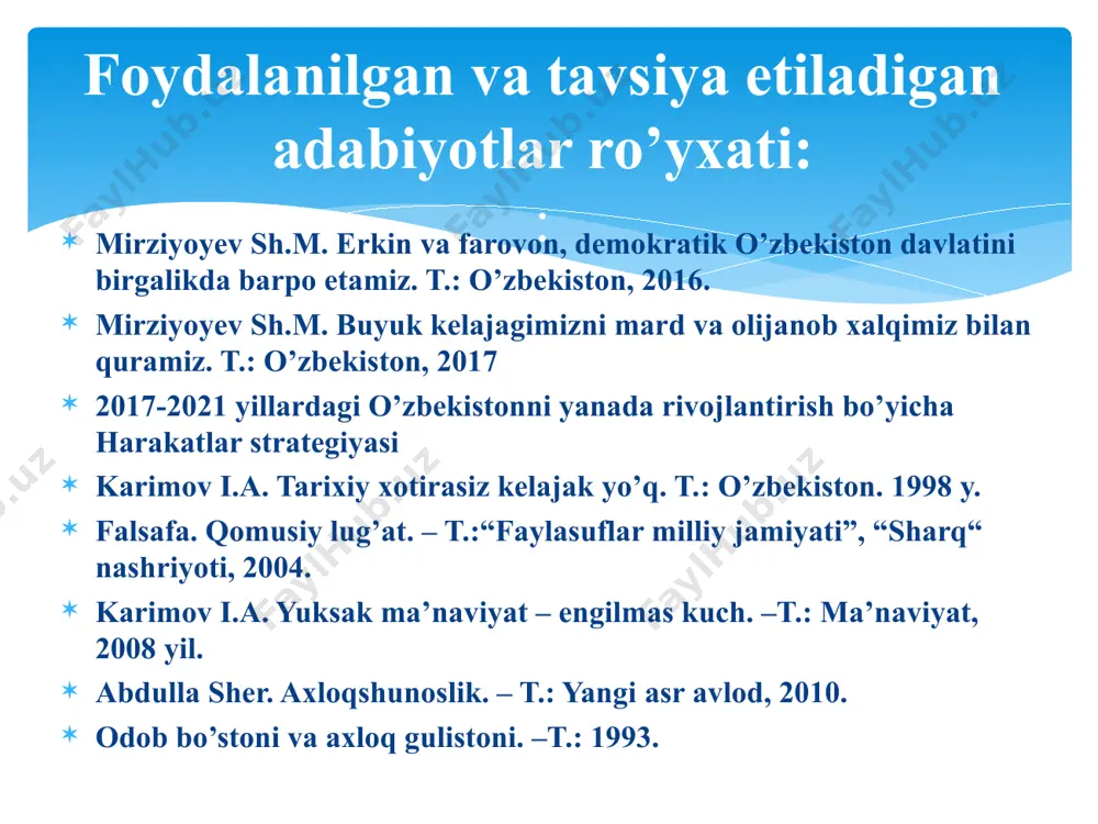 кўплиги) хулқ-атвори, юриш-туриш маданиятнинг ташқи ва ички жиҳатларни ифодалайдиган тушунча. у кишиларнинг ҳатти-ҳаракатида, ўзаро муносабатида намоён бўлади. одоб - бу қалбни ёмон сўзлардан ва ножўя хулқдан сақлай олиш, ўзини ва ўзгаларни ҳам ҳурмат қила билиш, шу билан бирга ўзини ва ўзгаларнинг обрўсини туширмасликдир. одоб - инсон ҳақида ёқимли таассурот уйғотадиган, лекин жамоа, жамият ва инсоният ҳаётида бурилиш ясайдиган даражада муҳим аҳамиятга эга бўлмайдиган, миллий урф-одатларга асосланган чиройли хатти-ҳаракатларни ўз ичига олади. хулқ - оила, жамоа, маҳалла-кўй миқёсида аҳамиятли бўлган, аммо жамият ва инсоният ҳаётига сезиларли таъсир кўрсатмайдиган ёқимли инсоний хатти-ҳаракатларнинг мажмуи. ахлоқ - жамият, замон, баъзан умумбашарий аҳамиятга эга, инсоният тарихи учун наъмуна бўла оладиган ижобий хатти-ҳаракатлар йиғиндиси, инсоний камолот даражасини белгиловчи маънавий ҳодиса. “ахлоқ” ибораси икки хил маънога эга: умумий тушунча сифатида у фаннинг предметини англатса, муайян тушунча сифатида инсон феъл-атвори ва хатти-ҳаракатининг энг қамровли қисмини билдиради. и.а.каримов аслини олганда, ахлоқ маънавиятнинг ўзаги. инсон ахлоқи шунчаки салом-алик, хушмуомалаликдан иборат …