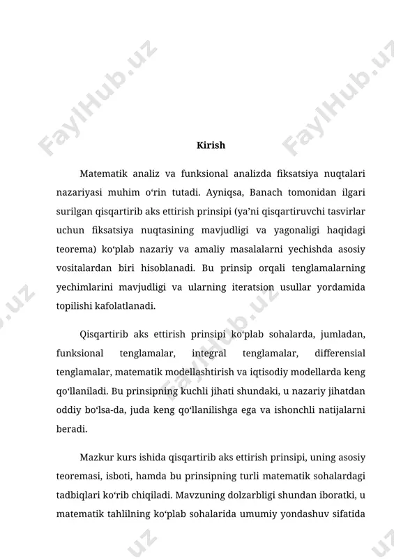 o‘plam bo‘lib, u yerda har ikkita nuqta orasidagi masofa maxsus funksiya (metrika) orqali aniqlanadi. formal ravishda, (x,d) — metrik fazo deyiladi, agar d:x×x→r funksiya quyidagi xossalarga ega bo‘lsa: 1. d(x,y)≥0 (musbatlik), 2. d(x,y)=0 faqat x=y bo‘lgandagina, 3. d(x,y)=d(y,x) (simmetriklik), 4. d(x,z)≤d(x,y)+d(y,z) (uchburchak tengsizligi). endi tasvirni qaraylik: t:x→x tasvir (funksiya) deyiladi. agar bu tasvir har qanday ikki nuqtani bir-biriga "yaqinlashtirsa", ya’ni: bo‘lsa, u holda t — qisqartiruvchi (kontraktiv) tasvir deyiladi. bu prinsip shuni anglatadiki, agar bizda o‘zini "kichraytirib" aks ettiruvchi funksiya bo‘lsa, u albatta o‘ziga "barqaror nuqta" topadi. ya’ni bu nuqtani aks ettirsa ham, natija o‘sha o‘zini beradi. bu esa matematik tenglamalarning mavjudligi va yagonaligini isbotlashda, iteratsion yechimlar tuzishda, modellashtirishda juda muhim vositadir. fiksatsiya nuqtasi — bu shunday nuqtaki, u tasvir (funksiya) ta’sirida o‘zini o‘zi beradi. ya’ni agar bo’lsa, tenglik bajarilsa fiksatsiya nuqtasi deyiladi. fiksatsiya nuqtasining mavjudligi fiksatsiya nuqtasining mavjudligi banach fiksatsiya nuqtasi teoremasi orqali kafolatlanadi. ya’ni: agar (x,d) to‘liq metrik …