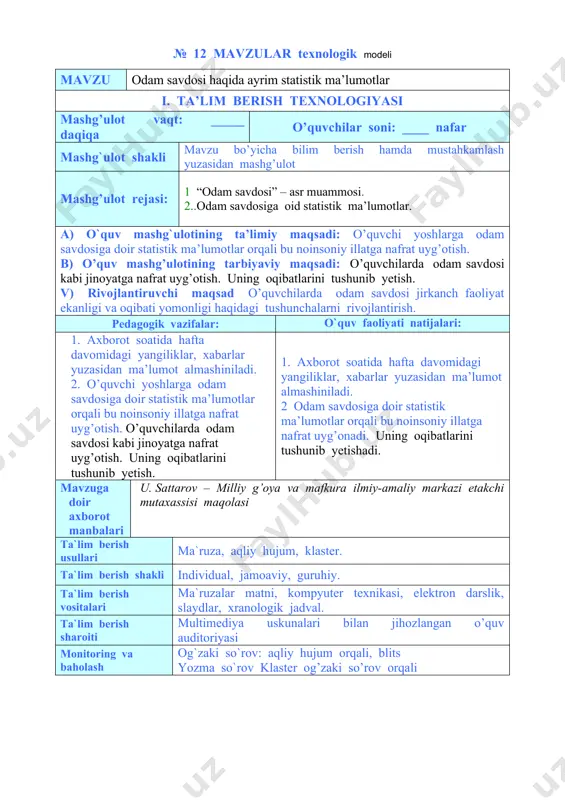 tushunib yetish. 1. axborot soatida hafta davomidagi yangiliklar, xabarlar yuzasidan ma’lumot almashiniladi. 2 odam savdosiga doir statistik ma’lumotlar orqali bu noinsoniy illatga nafrat uyg’onadi. uning oqibatlarini tushunib yetishadi. mavzuga doir axborot manbalari u. sаttаrоv – milliy g’оya vа mаfkurа ilmiy-аmаliy mаrkаzi еtаkchi mutахаssisi maqolasi ta`lim berish usullari ma`ruza, aqliy hujum, klaster. ta`lim berish shakli individual, jamoaviy, guruhiy. ta`lim berish vositalari ma`ruzalar matni, kompyuter texnikasi, elektron darslik, slaydlar, xranologik jadval. ta`lim berish sharoiti multimediya uskunalari bilan jihozlangan o’quv auditoriyasi monitoring va baholash og`zaki so`rov: aqliy hujum orqali, blits yozma so`rov klaster og’zaki so’rov orqali mashg’ulotning texnologik xaritasi ish bosqichlari va vaqti faoliyat mazmuni ta’lim beruvchi ta’lim oluvchilar 1-bosqich. tayyorgarlik bosqichi mavzuga kirish (10 daqiqa) · mashg’ulot mavzusini aytadi, maqsad va kutilayotgan natijalarni yetkazadi. mashg’ulot rejasi bilan tanishtiradi. · mavzu bo’yicha asosiy tushunchalarni; mustaqil ishlash uchun adabiyotlar ro’yxatini aytadi. o’quv mashg’ulotida o’quv ishlarini baholash mezonlari bilan tanishtiradi. tinglaydilar va mavzu nomini daftarlariga …
