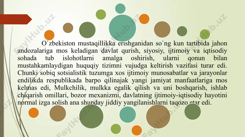 ezident shiddat bilan kirib kelayotgan bozor zarbalariga bardosh beruvchi, yordamga muhtoj kishilarni o`z homiyligiga olishi kerak. bular— ko`p bolali, kam ta`minlangan oilalar, nogironlar... bundan keyin ham biz uchun shu tamoyil qat`iy bo`lib qolaveradi”. prezident oliy kengashning mazkur sessiyasida dastur ahamiyatiga molik bo`lgan davlat siyosatining strategiyasini aniq-ravshan ko`rsatib berdi. o`zbekiston respublikasi davlat bayrog`i to`g`risida“gi qonun 1991-yil 18- noyabrda o`zbekiston res-publikasi oliy kengashining viii sessiyasida qabul qilindi. o`zbekiston respublikasining davlat bayrog`i ramzi mamlakatimiz hududida ilgari mavjud bo`lgan g`oyat qudratli saltanatlar bayroqlariga xos bo`lgan eng yaxshi an`analarni davom ettirgan holda respublika tabiatiga xos xususiyatlarni, xalqimiz-ning milliy va madaniy o`zligini ham aks ettiradi. o`zbekiston respublikasining davlat bayrog`i nyu-york shahrida joylashgan birlashgan millatlar tashkiloti qarorgohida dunyodagi suveren davlatlar bayroqlari qatorida turibdi. o`zbekiston bayrog`i xorijiy mamlakatlarda prezidentimiz boshliq davlat delegatsiyasini qabul qilish marosimlarida, chet el davlat delegatsiyalarini o`zbekistonda qabul qilish marosimlarida ko`tariladi o`zbekiston sportchilari jahon sport musobaqalarida g`oliblikni qo`lga kiritib, shohsupaga ko`tarilgan paytlarda ham o`zbekiston bayrog`i …