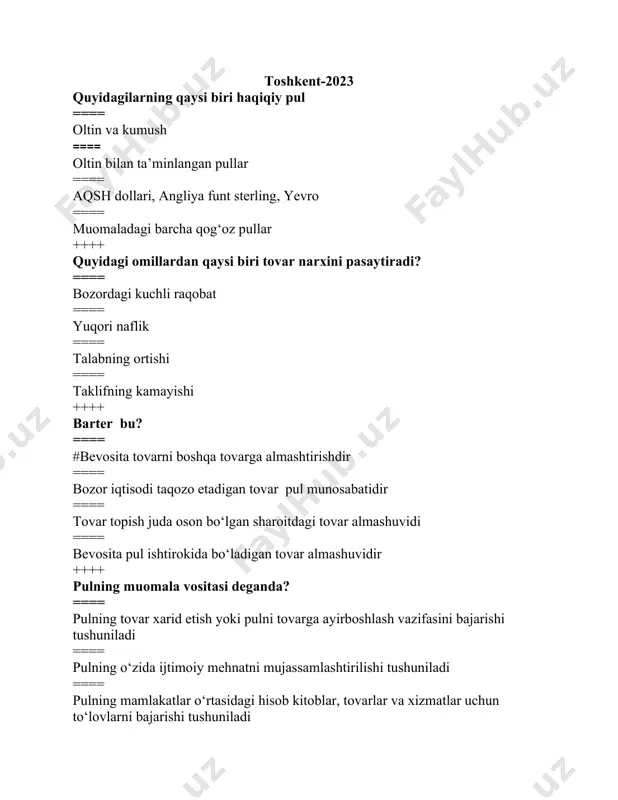 ng daromadiga aylangan qismi ==== markaziy emissiya banklari tomonidan chiqariladigan foizsiz kredit bileti ==== tovarni tovarga bevosita ayriboshlash ++++ veksel bu: ==== muayyan miqdordagi qarzni belgilangan muddatda qat’iy to‘lash majburiyati yuklangan, qonun bilan tasdiqlangan holatda to‘ldirilib rasmiylashtirilgan qarzdorlik hujjati ==== markaziy emissiya banklar tomonidan chiqariladigan foizsiz kredit bileti ==== bank yoki maxsus kredit muassasasi tomonidan biror kishi nomiga berilgan pul hujjati ==== imzolaganning joriy hisobidan muayyan summani berish yoki boshqa hisobga o‘tkazish haqida bankka berilgan yozma farmoyishni ifoda etuvchi hujjat ++++ harakatlanish tartibiga ko‘ra plastik kartochkalar necha turga bo‘linadi? ==== 3 turli (debetli, kreditli, elektron) ==== 5 turli (debetli, kreditli, electron, owerdraft, naqd pulli) ==== 1 turli (debetli) ==== 2 turli(debitli, kreditli) ++++ pul tizimi deganda: ==== pul muomalasini tashkil qilishda qo‘llaniladigan uslublar majmuasi ==== parallel valyutalar tizimi tushuniladi ==== ikki yoqlama valyuta tizimi ==== oqsoqlanuvchi valyuta tizimi tushuniladi ++++ pul birligi deganda: ==== mamlakat hududida qonuniy tarzda belgilangan to‘lov …