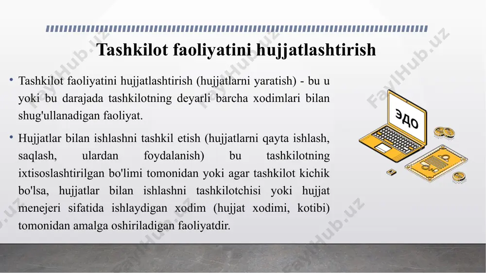siya qilingan sertifikatlashtirish markazlarida sotib olishingiz mumkin. hamkorlarni edi ga ulang. operator xizmatlari uchun to'lovni amalga oshirib, ro'yxatdan o'tganingizdan so'ng, siz qonuniy ravishda hisob-fakturalar va boshqa elektron hujjatlarni yaratishingiz, imzolashingiz, yuborishingiz va qabul qilishingiz mumkin. elektron hujjat aylanishining ijobiy va salbiy tomonlari edi ning aniq afzalligi hujjatlarni yaratish, qidirish, jo'natish va saqlash uchun vaqt va moliyaviy xarajatlarni kamaytirishdir. hujjatlar bilan masofadan turib istalgan vaqtda qulay joyda ishlashingiz mumkin - sizga faqat internet kerak. aytgancha, elektron hujjatlar hakamlik sudida muayyan harakatlarning qonuniyligini tasdiqlovchi dalil sifatida ishlatilishi mumkin. salbiy tomoni - kontragentlar tomonidan edi ning etishmasligi. ammo hozirda ko'plab edi operatorlari pudratchilarni ulashda yordam taklif qilmoqdalar: pochta ro'yxatlari, individual qo'ng'iroqlar, maxsus tadbirlar, tayyor hujjatlar va qoidalar to'plami. tizim integratorlari va it-kompaniyalari elektron hujjat aylanishi ishtirokchilari tizimini o'rnatishda yordam berishi mumkin, bu eriga o'tishni tezlashtiradi va ulangan kontragentlarning maksimal sonini ta'minlaydi. nima uchun korxonada elektron hujjat aylanish tizimi kerak? muassasada elektron hujjat aylanishini …