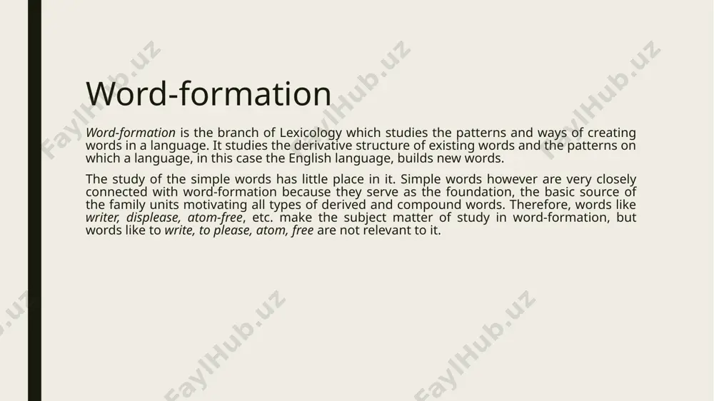 — bleed, strike — stroke), distinctive stress, sound imitation, blending, clipping and acronymy are traditionally referred to word- formation. two types of word-formation may be distinguished: word-derivation and word-composition. words formed by word-derivation have only one stem and one or more derivational affixes, e.g., kindness from kind. some derived words have no affixes because derivation is achieved through conversion, e.g.to paper from paper). words formed by word composition have two or more stems, e.g. bookcase, note-book). besides, there are words created by derivation and composition. such words are called derivational compounds, e.g., long-legged. so the subject of study of word-formation is the study of the patterns on which the english language builds words. the english and uzbek languages differ in the types of word formation. their ways of word formation are also different. in uzbek language conversion, blending, sound interchange (stress interchange), backformation are less common type of word formation …