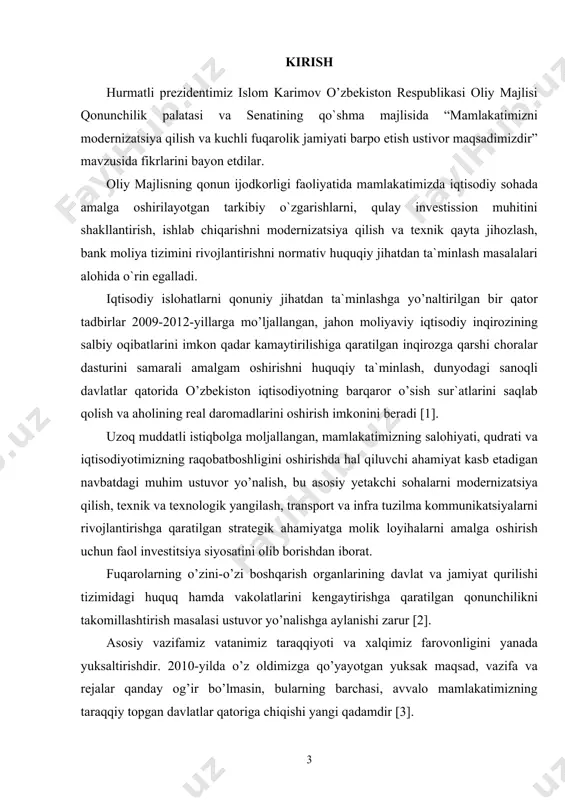 o`zgarishlarni, qulay investission muhitini shakllantirish, ishlab chiqarishni modernizatsiya qilish va texnik qayta jihozlash, bank moliya tizimini rivojlantirishni normativ huquqiy jihatdan ta`minlash masalalari alohida o`rin egalladi. iqtisodiy islohatlarni qonuniy jihatdan ta`minlashga yo’naltirilgan bir qator tadbirlar 2009-2012-yillarga mo’ljallangan, jahon moliyaviy iqtisodiy inqirozining salbiy oqibatlarini imkon qadar kamaytirilishiga qaratilgan inqirozga qarshi choralar dasturini samarali amalgam oshirishni huquqiy ta`minlash, dunyodagi sanoqli davlatlar qatorida o’zbekiston iqtisodiyotning barqaror o’sish sur`atlarini saqlab qolish va aholining real daromadlarini oshirish imkonini beradi [1]. uzoq muddatli istiqbolga moljallangan, mamlakatimizning salohiyati, qudrati va iqtisodiyotimizning raqobatboshligini oshirishda hal qiluvchi ahamiyat kasb etadigan navbatdagi muhim ustuvor yo’nalish, bu asosiy yetakchi sohalarni modernizatsiya qilish, texnik va texnologik yangilash, transport va infra tuzilma kommunikatsiyalarni rivojlantirishga qaratilgan strategik ahamiyatga molik loyihalarni amalga oshirish uchun faol investitsiya siyosatini olib borishdan iborat. fuqarolarning o’zini-o’zi boshqarish organlarining davlat va jamiyat qurilishi tizimidagi huquq hamda vakolatlarini kengaytirishga qaratilgan qonunchilikni takomillashtirish masalasi ustuvor yo’nalishga aylanishi zarur [2]. asosiy vazifamiz vatanimiz taraqqiyoti …