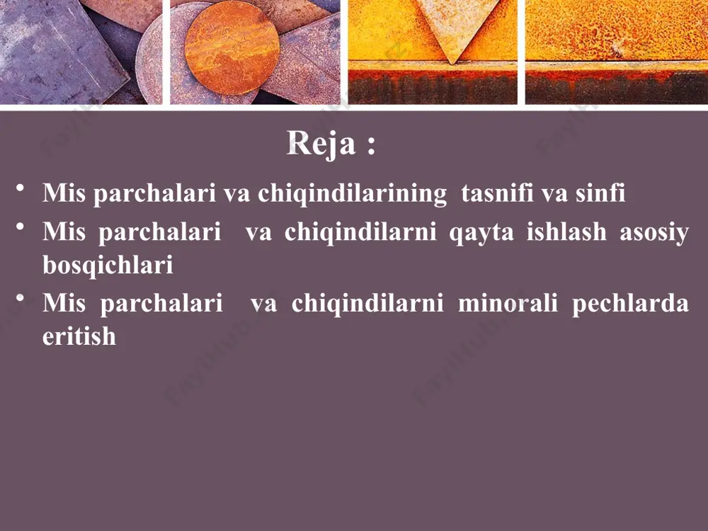 kda ishlatilib kelinmoqda. mis tarkibli xom ashyolarni hosil bo‘lishi temir-tersak hosil bo‘lish manbalari xom ashyo tarkibi, % xom ashyodagi miqdori, % mis latun bronza prokat ishlab chiqarish 1,7 - shlak 4,8 - - quyish va mis asosida qotishmalar ishlab chiqarish 2,8 - shlak 8,2 - - kabel mahsulotlarini ishlab chiqarish 8,0 - tok o‘tkazuvchilarning qirqimlari 23,3 - - prokat mahsulotlarga, metallarga ishlov berish 13,6 - deformatsiyalangan qotishmalarni qirqim va bo‘lak chiqindilari 17,7 - deformatsiyalangan qotishmalarning qirindilari 7,4 16,6 24,9 26,2 2,7 4,2 shaklli quyishlar uchun metallarga ishlov berish 0,5 - quyma qotishmalari-ning bo‘lak chiqindilari 14,4 - quyma qotishmalarini qirindilari - 0,5 0,3 8,6 1,5 45,0 amortizatsion temir-tersaklar 14,7 - quyma qotishmalarini yasashdan hosil bo‘lgan temir-tersaklar 17,4 - deformatsiyalangan qotishmalardan yasalgan buyumlarning chiqindilari 9,2 - kabel mahsulotlari-ning temir-tersaklari 0,5 12,2 26,6 11,3 28,7 - 41,6 5,0 - jami 100 100 100 100 zararlangan mis xom ashyolaridan xomaki mis olinadi. zararlangan mis …