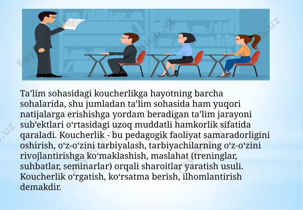 arbiyachilarga; - o‘qituvchilarning samarali yo‘nalishdagi qobiliyatlarini rivojlantirishga imkon beradi bolalar, ota-onalar va hamkasblar bilan o‘zaro munosabatlarni yaxshilaydi; - ularda belgilangan maqsadlarga erishishda samarali yordam ko‘rsatadi 7 ushbu yuqorida keltirilgan fikrlarga tayanib shunday xulosa qilish mumkin; koucherlik bu inson salohiyatini ochish san’atidir. hozirgi davr talabi bo‘lgan kretiv fikrlovchi yosh avlodni kamolga yetqizishda xizmat qiladigan tarbiyachilar bilan kouching texnologiya asosida ish olib boish uning ilmiy salohiyatini ochishga va komil insonlarni tarbiyalashdek mashaqqatli mehnatlarida ildam harakat qilishga yordam beradi. maqolani buyuk faylasuf olim konfutsiyning quyidagi fkrlari bilan yakunlamoxchiman: “faqat ilm izlaganlarga ko‘rsatma bering. faqat o‘z fikrlarini aniq ifoda etishni bilmaganlarga yordam bering. maydonning bir burchagini o‘rganib, qolgan uchtasini tasavvur qilishga qodir bo‘lganlarga o‘rgating”. image1.jpeg image2.jpeg image3.jpeg image4.jpeg image5.jpeg /docprops/thumbnail.jpeg