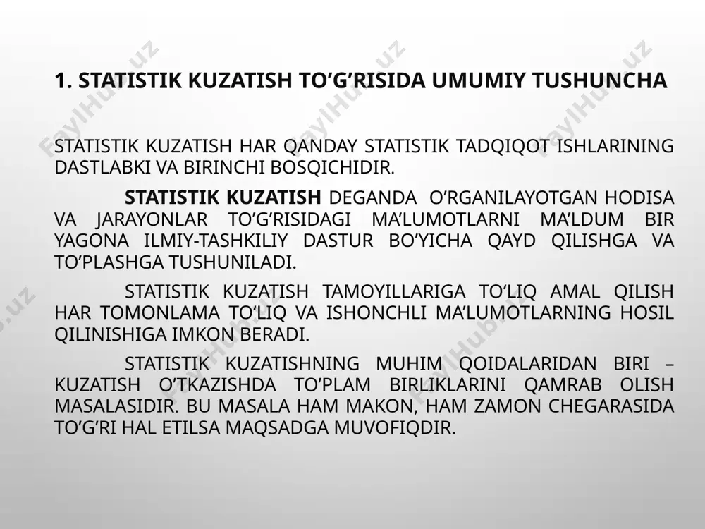 ц текста второй уровень третий уровень четвертый уровень пятый уровень 2. statistik kuzatishning shakllari, turlari va usullari statistik kuzatish informatsiya yetkazib beruvchi sub’ektlar kategoriyalariga qarab quyidagi shakllarga bo’linadi: ma’muriy ma’lumotlarni to’plash. ma’muriy idora-lar(soliq, bojxona, nikohdan o’tkazish va x.k.) statis-tika organlariga o’z faoliyatlari haqida ma’lumot-larni pulsiz va so’ralgan vaqtda yetkazib berishga majburdirlar. boshlang’ich statistik ma’lumotlarni to’plash. ro’yxatdan o’tgan barcha tashkilot, korxona, tadbirkorlar topshiradigan statistik hisobotlar orqali to’planadi. statistik organlar to’plagan ma’lumot. statistika organlari uy xo’jaligini o’rganish uchun maxsus tanlab kuzatishlar o’tkazishadi, aholi ro’yxati va boshqa maxsus kuzatishlar yordamida to’plangan ma’lumot. maxsus tashkil qilingan statistik kuzatishlarni voqea va hodisalarning sodir bo’lishini qayd qilish vaqtiga qarab uch turga-uzluksiz, fursatli va bir yo’la kuzatishga ajratish mumkin. uzluksiz kuzatish fursatli kuzatish bir yo’la kuzatish bu xodisalar ro’y be-rishi bilanoq qayd qi-linadigan kuzatish tushuniladi. masalan, bola tug’ili-shi, nikohdan o’tish kabi voqea (xodisa) lar sodir bo’lishi bi-lanoq, ya’ni o’sha kunning o’zidayoq qayd etiladi. ma’lum muddatlarda o’tkaziladigan kuza-tishlar …