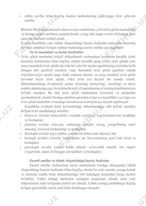 landlikda ishlasangiz, siz tushishingiz mumkin; agar oyoq ostida sirpanchiq bo'lsa, unda siz sirpanishingiz mumkin; va yaqin atrofda o'tkir narsalar bo'lsa, o'zingizni kesishingiz mumkin. sog'lom fikrga ko'rinmaydigan ko'plab xavf turlari e'tibordan chetda qolishi mumkin. bular bilan bog'liq holda, ishchi xavf haqida xabardor qilinishi kerak (masalan, shovqin eshitish qobiliyatini buzishi, ba'zi erituvchilar miyaga zarar etkazishi va ba'zi kimyoviy moddalar nafas olish orqali o'tkir zaharlanishga olib kelishi). kundalik tajriba orqali yoki tadqiqot harakatlari orqali orttirilgan xavf turlari haqidagi bilimimiz o'tmishdagi voqealarga asoslanadi. biroq, nima bo'lganini bilish boshqa, kelajakda nima bo'lishini baholash boshqa narsa. shuni ta'kidlash kerakki, har xil turdagi vazifalar bilan bog'liq holda shikastlanish yoki shikastlanishga olib kelishi mumkin bo'lgan ta'sir qilish manbalari va boshqa potentsial zararli omillarni bilish, shuningdek, xavfga ta'sir qiluvchi xavf omillarini oshirishi yoki kamaytirishi mumkin bo'lgan omillarni bilish. o'lchov, xavfni tan olish uchun asos bo'lishi mumkin. xavfni belgilovchi omillar riskni aniqlashda eng muhim omillar quyidagilardir: · har qanday turdagi …
