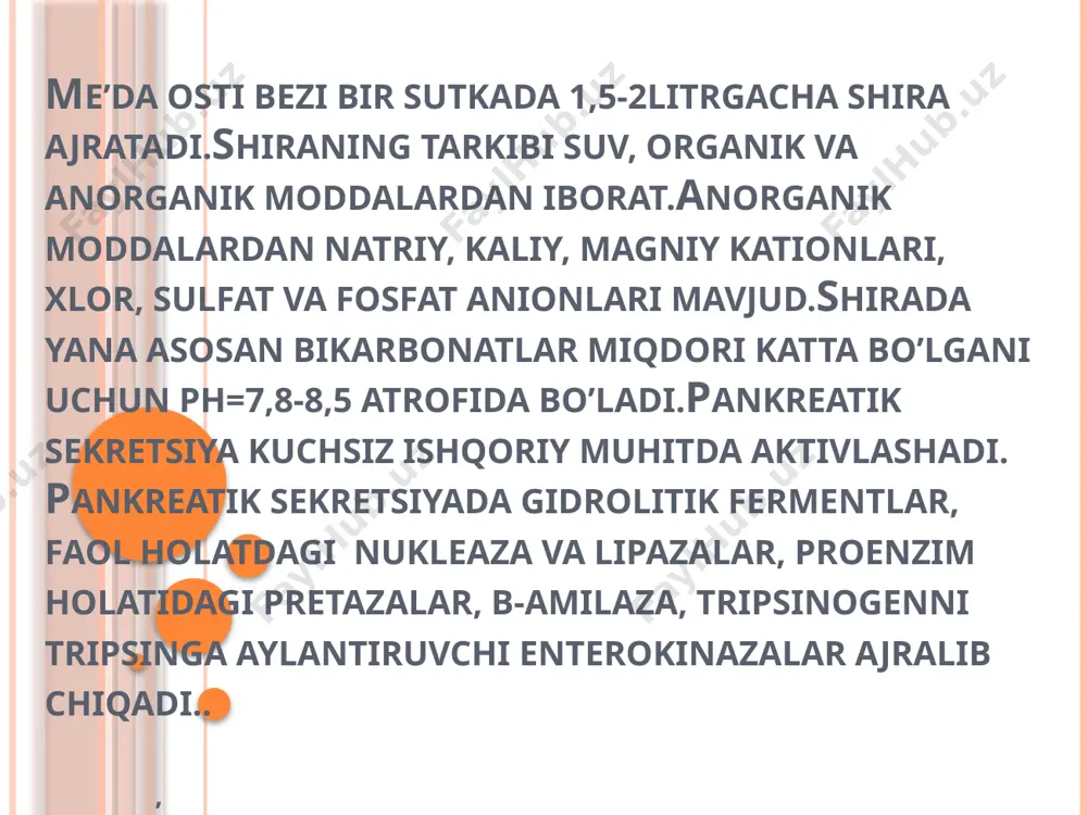 moddalar bo’ladi.anorganik moddalardan bikarbonatlar, natriy, kalsiy, fosfatlar bor.organik moddalardan oqsillar va mutsinlar uchraydi.ichak shirasi tarkibidagi fermentlarga esa enterokinaza, peptidaza, amilaza, ishqoriy fosfataza, nukleaza, lipaza kabilar kiradi.fermentlarning ichak shirasi asosan shilliq qavatidan yemirilgan epiteliotsitlar tarkibida tushadi. ichakda shira ajralishi 3 xil usulda: maxalliy, reflektor, gumoral yo’llar orqali boshqariladi. ingichka ichakning bo’shliqdagi va devoroldi hazmlari ingichka ichakda ikki xil:bo’shliq va devoroldi hazmlari tafovut etiladi.bo’shliqdagi hazm oshqozonosti bezi shirasi va o’t, ichak shirasi tarkibida tushgan fermentlar ta’sirida amalga oshiriladi.bunda yirik molekulali polimerlar oligomerlargacha parchalanadi. devoroldi hazmi shilliq qavat, shilimshiq qoplama, glikokaliks va mikrovorsinkalar sohasida davom etadi.shilimshiq qoplama shilimshiq modda va ko’chib tushgan ichak epiteliyaridan iborat.bu qavat orqali o’tayotgan moddalar meda va ichak shirasi fernentlari ta’siriga uchraydi.enterotsitlarning apikal pardasida ichak fermentlari sarflanib turadi va bu yerda haqiqiy devoroldi hazmi sodir bo’ladi, oziq moddalar shu yerda tegishli monomerlargacha parchalanadi. ingichka ichak harakat faoliyati. ingichka ichak harakati bo’ylanma va halqasimon muskullarning qisqarishi orqali amalga oshiriladi.ingichka ichakda …