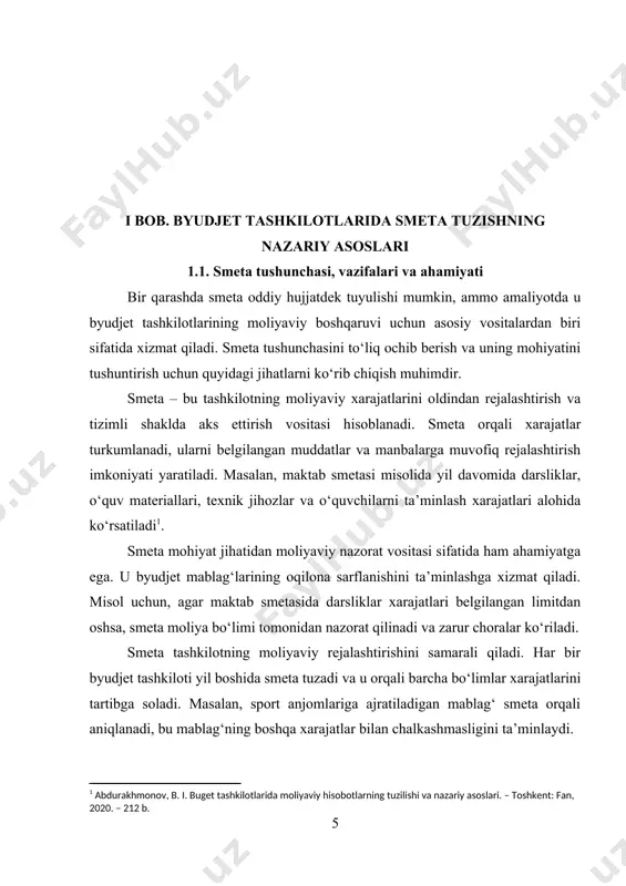 amarali taqsimlash tizimida asosiy o‘rin tutadi. ushbu mavzuni to‘liq tushuntirish va misollar bilan izohlash orqali smetaning amaliy ahamiyatini ochib berish mumkin. birinchi, smeta vazifasi – moliyaviy rejalashtirishni ta’minlashdir. har bir byudjet tashkiloti yil boshida smeta tuzadi va uning asosida barcha xarajatlarni oldindan belgilaydi. masalan, maktab smetasida o‘quv materiallari, texnika va xizmatlar xarajatlari aniq ko‘rsatiladi, bu moliyaviy resurslarni tartibga solishga yordam beradi. ikkinchi, smeta vazifasi – moliyaviy nazorat vositasi sifatida xizmat qilishdir. smeta orqali belgilangan xarajatlar amalga oshirilishi nazorat qilinadi. misol uchun, smetada ajratilgan mablag‘dan oshib ketilgan xarajatlar moliya bo‘limi tomonidan tekshiriladi va tegishli chora ko‘riladi. uchinchi, smeta vazifasi – resurslarni samarali taqsimlashni ta’minlashdir. smeta yordamida mablag‘lar bo‘limlar va yo‘nalishlar bo‘yicha teng taqsimlanadi. masalan, sport anjomlariga ajratilgan mablag‘ boshqa xarajatlarga aralashmaydi, bu xarajatlarni aniq va samarali boshqarishga yordam beradi. to‘rtinchi, smeta vazifasi – moliyaviy hisobotlarni shakllantirishdir. smeta asosida amalga oshirilgan xarajatlar keyinchalik buxgalteriya va moliyaviy hisobotlarda aks ettiriladi. misol uchun, smetada …