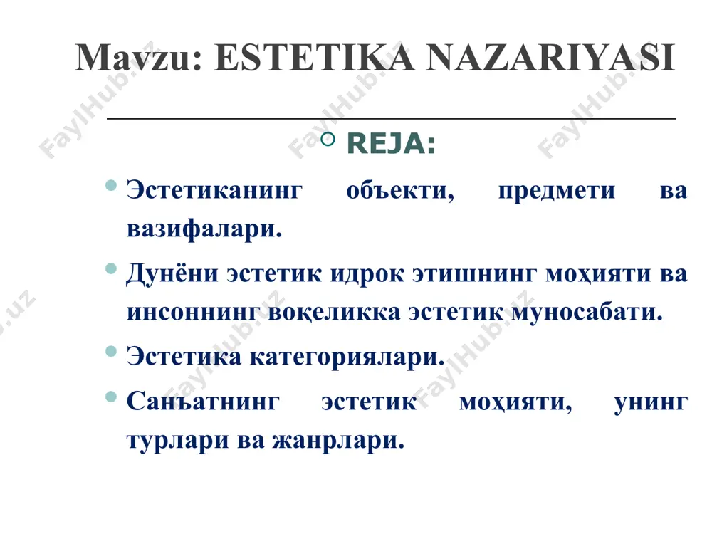 qiq etsa, uni insonni “tabiiylashtirish” vositasi sifatida olib qarasa, texnika estetikasi, aksincha, bugungi kunda bizga eng yaqin bo’lgan noosferani – texnikaviy muhitni muntazam “insoniylashtirib” borish muammolarini o’rganadi. inson doimiy ravishda ravnaq topib boradigan mavjudot, uzoq davom etgan insoniy taraqqiyotning mahsuli, ya’ni tosh asridagi va hozirgi odam, garchand ikkalasi ham odam deb atasakda, bir-biridan farq qiladi. zamonaviy odam aqlan, axloqan nisbatan yuksak darajaga ko’tarilgan, jismonan esa – go’zallashgan. texnikani ana shu go’zallashgan inson yaratgan. shu o’rinda imom g`azzoliyning inson va uning ijodiga nisbatan aytgan: “yaratilgan yaratganiga o’xshaydi”, degan so’zlarini yana bir bor eslaylik. alloh insonni yaratib, uni o’ziga o’xshashini istasa, inson ham o’z ijodi mahsulining o’ziga o’xshash bo’lishini xohlaydi. texnika inson ijodining mahsuli sifatida inson qanchalik nozik, qanchalik aqlli, qanchalik go’zal bo’lsa, shunga qarab o’zgarib boradi. estetika fanining zamonaviy muammolari estetik dunyqarashga salbiy ta`sir ko`rsatuvchi omillar estetik tarbiyaning omillari: oila. mahalla. maktabgacha ta`lim muassasalari. o`rta maxsus kasb hunar ta`limi markazlari. badiiy …