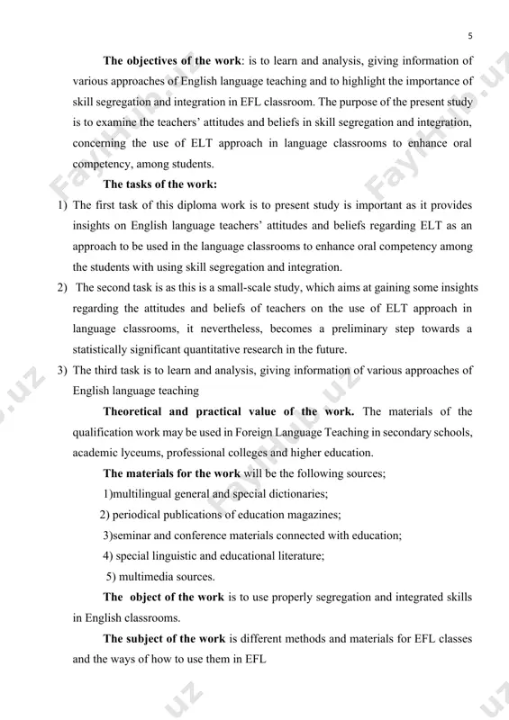 texts-books show that the english language plays a great role for students in being a high qualified specialist. but at present the level of teaching and learning the english language doesn’t correspond to modern requirements. it is important to notice that the cause of such negative result-english teachers don’t have enough professional skills and modern requirements aren’t taken into account in current curriculums, text-books and methodological appliances, modern pedagogical technologies aren’t used in teaching foreign languages as well . present research work is devoted to the approaches of language teaching. the objectives of the work: is to learn and analysis, giving information of various approaches of english language teaching and to highlight the importance of skill segregation and integration in efl classroom. the purpose of the present study is to examine the teachers’ attitudes and beliefs in skill segregation and integration, concerning the use of elt approach in language classrooms …