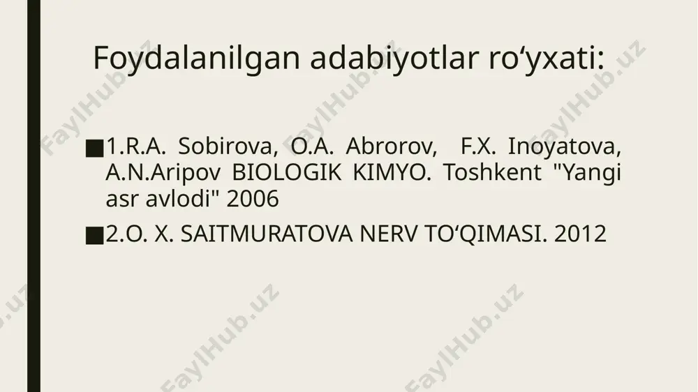 osomalar, mitoxondriya, golji kompleksi, hujayra markazi, lizasoma, neyrotubulinlar va neyrofibrillalar bor. neyron hujayra sitoplazmasi yuqori darajada funksional sintetik hususiyatga ega bo‘lgan neyronlar maxsuslashgan plazmolemmaga ega, ulami sitoplazmasi organellalarga boy. neyron hujayra sitoplazmasi boshqa hujayralar sitoplazmasidan farqli o‘laroq, ta’sirotni o‘tkazish xususiyatiga ham ega. yuqorida aytilgan so‘zlarga hulosa qilib shuni aytish kerakki, fibrilyar strukturalar (neyrofibrillalar, mikronaychalar, mikrofelamentlar) bular birgalikda hujayra sitoplazmasida tayanch — qisqarishni va moddalanu nerv tolalariga tashiydi. donador endoplazmatik to‘rda oqsil sintezi kuchli kechadi. uni bu borada oqsil ishlovchi bezlar bilan taqqoslash mumkin. funksional holatning o‘zgarishiga qarab, nissl substansiyasida oqsil sintezi o‘zgarib turadi. patologik holatda endoplazmatik to‘r bilan bog‘liq bo‘lgan ribosomalar soni kamayib, aksincha, erkin ribosomalar soni ko‘paysa, buni nerv hujayrasining patologik indeksi deyiladi. nishonlangan aminokislotalar yordamida neyronlardagi oqsillaming aylanish vaqti (sirkulyatsiyasi) aniqlangan. shunga ko‘ra nerv hujayrasi tanasidagi oqsillar ikki guruhga: tez va sekin aylanadigan oqsillarga bo‘linadi. neyronlarda tez aylanadigan oqsillar bir kun, sekin aylanadigan oqsillar 15 kun saqlanar ekan. …
