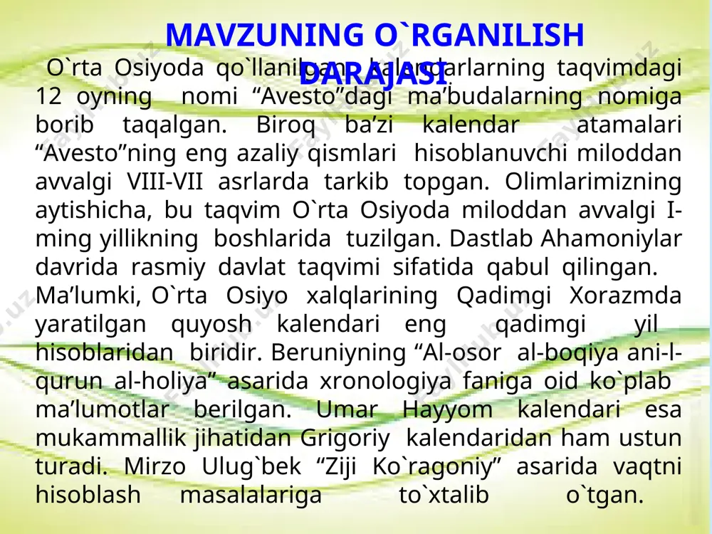iy afsonalarida aytilishicha, muchaliga qarab odamlariga baho berish mumkinmish. ularning fe’l-atvorini, ojiz va kuchli tomonlarini belgilab, hattoki kelgusini ham bashorat qilish mumkin ekan. insoniyat tarixidagi eng muhim eralar. № nomi boshlanish vaqti eraga asos bо`lgan voqea 1 vizan- tiya erasi mil. av. 5509-yil 1- sentabr olam yaratilishi 2 yaxudiylar erasi mil. av. 3761-yil 7- oktabr olam yaratilishi 3 olimpiada erasi mil. av. 776-yil 1- iyul birinchi olimpiada о`yinlari 4 rim erasi mil. av. 753 yil 21- aprel rimga asos solinishi 5 nabunnossir erasi mil. av. 747 yil 26- fevral yangi bobil podsholigiga asos solinishi 6 avgust erasi mil. av. 30 yil 29-avgust avgustning taxtga о`tirishi 7 nasroniylar erasi milodning 1-yili iso tavalludi 8 diolektian erasi 284-yil 29-avgust diolektionning taxtga о`tirishi 9 musulmonlar erasi 622-yil 16-iyul rasulullohning makkadan madinaga xijratlari. ii bob. yil taqvimlarida e’tiqodiy qarashlarning namoyon bo`lishi 2.1.turkiy xalqlar taqvimida e’tiqodiy qarashlarning talqini taqvim – vaqt o`lchovlari-kun, hafta, oy, yilni …