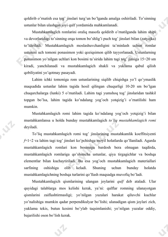 lik momenti chegaraviy holat hisoblari bo’yicha quyidagidan kam bo’lmasligi kerak: bu yerda: rizg- egilishga qarshilikning hisoblangan miqdori, (jadval); mmustahkamlagich materiali xizmat qilish sharoiti koeffitsiyenti, m miqdori 0,6÷0,75 atrofida qabul qilinadi. dumaloq yog’och uchun bundan to’sin diametri d ,sm. romlar ustunlarini siqilishga bo’yicha egilishni hisobga olgan holda quyidagi formula orqali amalga oshiriladi bu yerda: l-ustun uzunligi, sm; rsj-siqilishga qarshilikning hisoblangan miqdori. odatda hisoblash bo’yicha ustunlar diametri to’sin diametridan kamroq bo’ladi. lekin qulfning mustahkamligi va zichligini ta’minlash uchun ularning diametri bir xil bo’ladi. zatyajka, ikki tayanchda erkin yotgan, taxta sifatida, uzunligi l, qalinligi s quyidagi formula bo’yicha hisoblanadi. bu yerda: k'- koeffitsiyent, taxtadan yasalgan zatyajka uchun k'=0,87; f - prof.m.m. protodyakonov jadvali bo’yicha tog’ jinslarining mustahkamlik koeffitsiyenti. lahim shipi zatyajkalar bilan to’liq qoplanadi, yon devorlari esa tog’ jinslari mustahkamlik koeffitsiyentiga mos holda amalga oshiriladi. f=8÷9 bo’lganda lahim yon devoriga zatyajka o’rnatilmaydi; f=4÷7 bo’lganda lahim devoriga zatyajka orasida ma’lum masofa qoldirib o’rnatiladi. f=1÷3 …