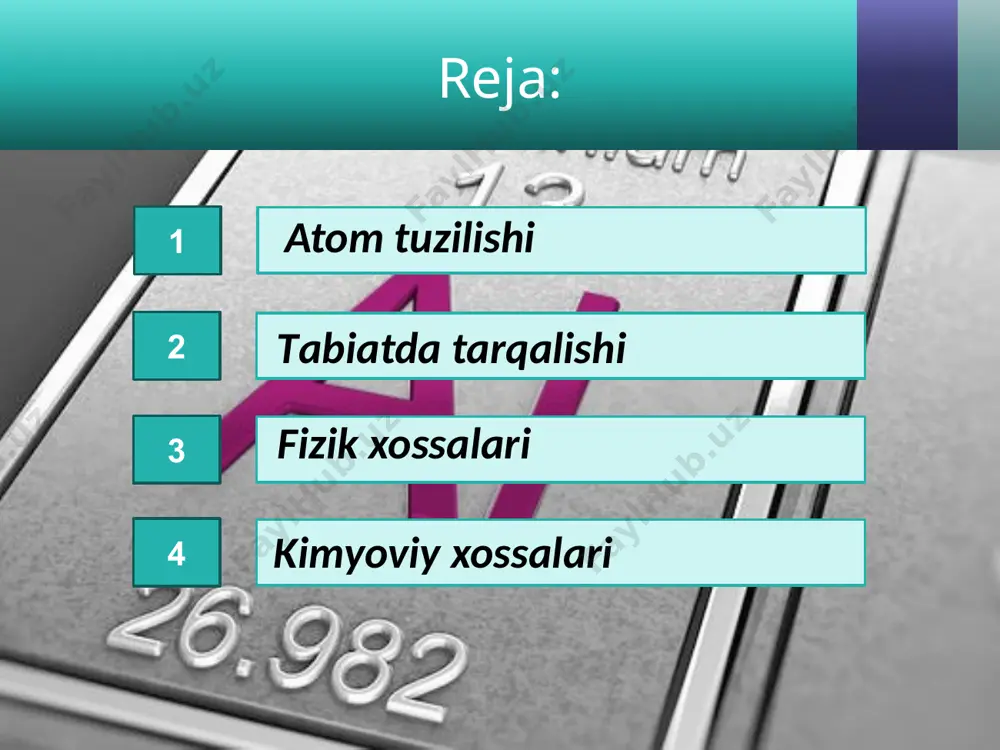 ksid pardasi suv va boshqa oksidlanish holatidan himoya qilib turadi: 4al + 3o2 → 2al2o3 alyuminiy ko‘pchilik metallarning oksidlari bilan ham ta’sirlashadi. agar alyuminiy va temir (ii, iii)-oksidlarni aralashtirib, cho‘g‘lanib turgan sim tekkizilsa, juda shiddatli ekzotermik reaksiya sodir bo‘ladi: 8al + 3fe3o4 → 4al2o3 + 9fe + 3 300 kj ishlatilishi. alyuminiy va uning qotishmalari yengilligi va havo, namlik ta’siriga chidamli bo‘lganligi uchun xalq xo‘jaligida keng ishlatiladi. masalan, dyuralyuminiy (95% al, 4% cu, 0,5% mg, 0,5% mn) po‘lat kabi mustahkam, lekin undan uch barobar yengil. alyuminiy qotishmalari raketa, aviatsiya, kemasozlik, temiryo‘l transporti, qurilish, asbobsozlikda ishlatiladi. e'tiboringiz uchun raxmat image1.jpeg image3.jpeg image4.jpeg image5.jpeg image6.jpeg image7.jpeg image8.jpeg image9.png image10.jpeg image11.jpeg image12.jpeg image13.jpeg image14.jpeg image15.jpeg image16.jpeg image17.jpeg image18.jpeg image19.jpeg image20.jpeg image21.jpeg image22.jpeg image23.jpeg image24.jpeg image25.jpeg image26.jpeg image27.jpeg image28.jpeg image29.jpeg image30.jpeg image31.jpeg image32.jpeg image33.jpeg image34.jpeg image35.jpeg image36.jpeg image37.jpeg image38.jpeg image39.jpeg image40.jpeg image41.jpeg image2.jpeg