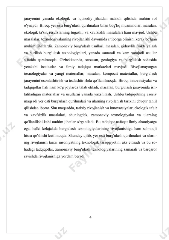 samarali tarzda nazorat qilish imkonini beradi. bu texnologiyalar, shuningdek, burg'ulash jarayonining rejalashtirilishi va optimallashtirilishida muhim rol o'ynaydi. zamonaviy burg'ulash mashinalarida, shuningdek, sensorlar va avtomatlashtirilgan tizimlar mavjud bo'lib, ular jarayonning har bir bosqichini real vaqtda kuzatishga imkon beradi. bundan tashqari, burg'ulash texnologiyalariga yangi materiallar, masalan, kompozit materiallar va yuqori kuchli qotishmalar kiritilishi, burg'ulash jarayonini osonlashtirish va tezlashtirishda muhim ahamiyatga ega. bu materiallar, o'z navbatida, burg'ulash asboblarining xizmat muddatini uzaytiradi va samaradorligini oshiradi. shu bilan birga, innovatsiyalar mavjud muammolarni hal qilishda ham yordam beradi. ekologik muammolar, masalan, yer osti suvlariga ta'siri, resurslarning tugashi, va xavfsizlik masalalari, burg'ulash jarayonida e'tiborga olinishi kerak. innovatsiyalar va yangi texnologiyalar, shuningdek, bu muammolarni hal qilishda yordam berishi mumkin. xulosa qilib aytganda, yer osti burg'ulash qurilmalari tarixiy rivojlanishi va innovatsiyalar insoniyatning resurslarni qazib olishdagi ehtiyojini qondirishdagi harakatlarini aks ettiradi. ularning tarixi, texnologik yangiliklar bilan birga, nafaqat iqtisodiy jihatdan muhim, balki ekologik va xavfsizlik masalalariga ham e'tibor qaratishni talab …