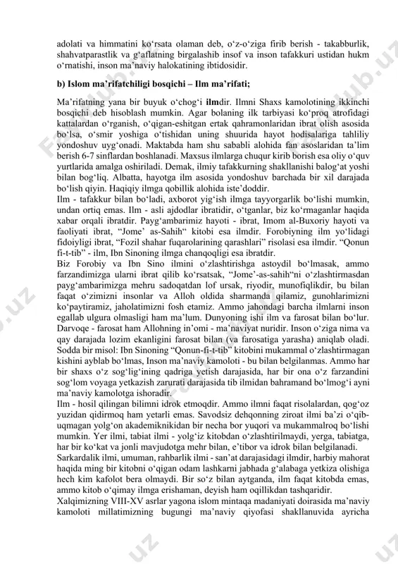 viyatini shaklantiruvchi muhim yo‘nalishlardandir. asli ma’rifatning ilk yo‘li ibratdir. go‘dak yorug‘ dunyo yuziga kelib, yashash ishqi bilan hayotga intilar ekan, ishni ibratdan boshlaydi, ona ibrati, ota ibrati, akalar va opalar, buvilar va bobolar ibrati bilan voqelikka o‘z munosabatini shakllantira boshlaydi. bu dunyo asli insonga ibrat uchun yaralgan. daraxtlarning quyosh sari bo‘y cho‘zmog‘i - ibrat, jonivorlarning o‘z taqdiriga rizoligi - ibrat, tog‘lar ustivorligi - ibrat, ummonlar teranligi - ibrat, quyosh va oy xizmati, kecha va kunduz navbati - ibrat. payg‘ambarlar sidqi, valiylar karomati, allomalar ilmi, zohidlar taqvosi, oshiqlar ishqi, eranlar jasorati, tashabbuskorlar g‘ayrati, oqillar tadbiri, hayo egalarining andishasi, siddiqlar ibosi, onalar mehri, otalar bag‘rikengligi, go‘daklar beg‘uborligi, keksalar ulug‘vorligi - barcha-barchasi inson uchun ibratdir. yomondan yomonlikni anglab, undan qaytmoq ibrat, yaxshidan yaxshilikni anglab unga ergashmoq - ibrat. o‘g‘rining taqdiri - ibrat, fohishaning fojiasi - ibrat, fotihlar umri - ibrat, sotqinlar tubanligi - ibrat. nima ibrat emas? barchasi ibrat. ibrat ola bilmoq - …