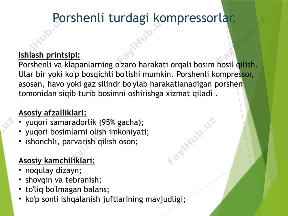 lashga bog'liq. to'g'rilikramkaning gorizontal holati va murvatlarni mahkamlash. buzilgan poydevor yoki singan ohakni ta'mirlash uchun jihoz qismlarga bo'linadi, poydevor ramkasi poydevordan chiqariladi va eski ohak va betonning bir qismi olib tashlanadi va yangilari bilan almashtiriladi. betonlashni boshlashdan oldin, qoliplar o'rnatiladi. poydevorni ta'mirlash uchun tsement ishlatiladi, uning darajasi ta'mirlanadigan poydevorning tsement darajasiga mos keladi. qadimgi betonning yangisiga yaxshiroq yopishishi uchun novdalar shaklida armatura o'rnatish kerak; poydevorni 3-4 kun davomida suv bilan namlash; poydevorni doimiy ravishda qurish. beton yotqizilgandan so'ng, uning tez va notekis quritilishining oldini olish choralari ko'riladi. beton 5-6 kun davomida namlanadi, qolip 5 kundan keyin olib tashlanadi, ramka 10 kundan oldin o'rnatiladi va bo'sh tezlikda birinchi ishga tushirish 28 kundan keyin amalga oshiriladi. 13 asosiy va biriktiruvchi novda podshipniklari. ish paytida rulmanlarning isishi doimiy ravishda tekshiriladi. o'rtacha va joriy ta'mirlash vaqtida babbitt qatlamining holati uning aşınması, yoriqlar mavjudligi va rulman korpusidan tozalanishi bilan belgilanadi. rulmanlarni ta'mirlash odatda ularning shakli …