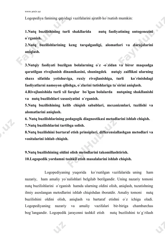 xim maqsadi bo`lgan shaxsni har tomonlama kamol toptirish imkonini beradi. logopediya fan sifatida muxim nazariy va amaliy ahamiyatga egadir. u tilning, nutqning sotsial moxiyati, bolaning nutqi, tafakkuri va butun ruxiy faoliyatining chambarchas bog`liqligi bilan belgilanadi. nutq rivojlanishi jarayonida bilish faoliyatining oliy shakllari, tushunarli tafakkur qobiliyatlari shakllanadi. so`zning ahamiyati o`z-o`zidan umumlashtiruvchi xisoblanadi va shu munosabat bilan o`zida nafaqat nutq birligini, balki tafakkur birligini ham namoyon qiladi. ular aynan o`xshash emas va ma`lum darajada bir-biriga bog`liq bo`lmagan xolda paydo bo`ladi. lekin bolaning ruxiy rivojlanishi jarayonida murakkab, sifat jixatdan yangi birlik, nutqiy tafakkur, nutqiy fikrlash faoliyati paydo bo`ladi. nutq buzilishi, nutqiy muomalaning cheklanganligi bola shaxsining shakllanishiga salbiy ta`sir ko`rsatishi, aslida bo`lmagan ruxiy buzilishlarni, xissiy-irodaviy soxaning o`ziga xos xususiyatlarini keltirib chiqarish, uning harakteridagi salbiy fazilatlarning rivojlanishi uchun yo`l ochib berishi mumkin. demak, logopediyaning ahamiyati bolaning nutqiy buzilishini bartaraf etish, shu bilan birga uning mukammal, har tomonlama rivojlanishini ta`minlashdan iboratdir. logopediya boshqa fanlar bilan chambarchas …