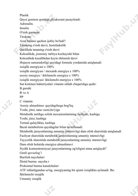 issiqlikka aylanadi. bu: ikkilamchi issiqlik umumiy issiqlik asosiy energiya asosiy issiqlik оch qolganda bazal metabolizm tezligi pasayadi, chunki: jigarning funksional faolligining pasayishi skelet mushaklarining funksional faolligining pasayishi jigarning funksional faolligini oshirish oshqozonning funksional faolligi pasayadi atrof -muhit haroratining oshishi bilan metabolik jarayonlarning intensivligi: kamaydi biroz ortadi tanqidiy darajaga tushadi o'zgarmaydi oziq-ovqatning metabolizmga xos dinamik ta'siri: ovqatdan keyin metabolizmning oshishi ovqat hazm qilish mahsulotlarining metabolizmini faollashtirish ovqatlanish paytida metabolizmning oshishi ovqatdan keyin metabolizmning pasayishi sportchida start oldi holatida energiya shakllanish darajasi oshadi. bu quyidagilarga asoslanadi: shartli refleks mexanizmiga o'pka giperventilyatsiyasiga shartsiz refleks mexanizmiga anabolitik gormonning aktivlanishiga yog'larning energiya qiymati: 9,3 kkal / g 17,16 kkal / g 38,94 kkal / g 3,75 kkal / g uglevodlarning energetik qiymati: 4,1 kkal / g 38,94 kkal / g 17,16 kkal / g 3,75 kkal / g kata,bolitik jarayonni faollashtiradi: glyukokortikoid gormoni insulin oksitosin vazoprisin
