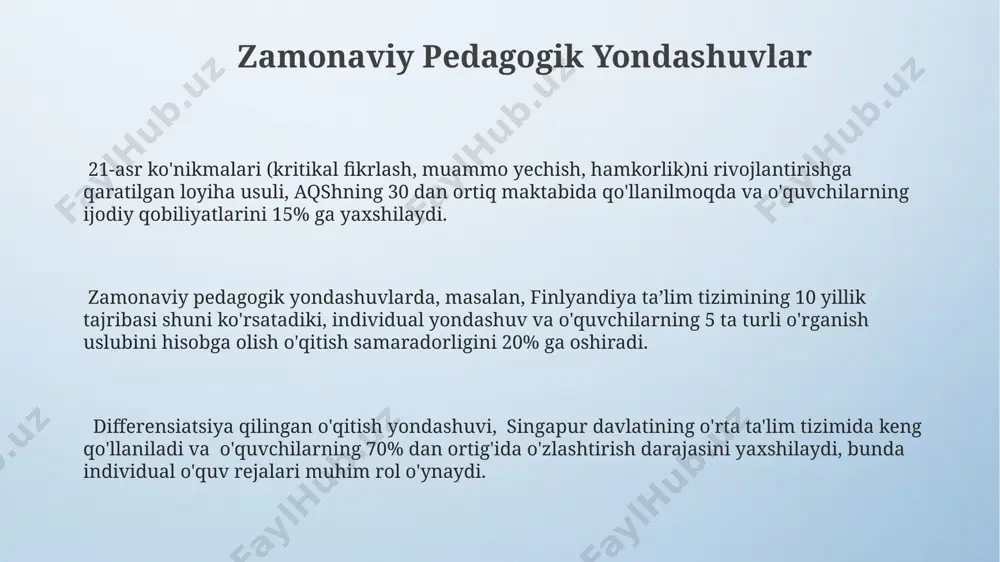 tuvchilarga 20 dan ortiq dars uslublarini baholashga va kamida 5% samaradorlikni oshirishga yordam beradi, bu esa toshkentdagi maktablar tajribasida tasdiqlangan. o'quvchilarning o'z o'rganish jarayonini 3 bosqichda (rejalashtirish, amalga oshirish, baholash) tahlil qilish qobiliyatini rivojlantirish, xalqaro ta'lim standartlari bo'yicha muhim ahamiyat kasb etadi. samarqanddagi tadqiqotlar shuni ko'rsatdiki, muntazam refleksiya tufayli o'quvchilarning 40% dan ortig'i mustaqil o'rganish ko'nikmalarini rivojlantiradi va o'qishga bo'lgan qiziqishlari ortadi. ijodkorlikka yo'naltirilgan ta'lim uslublari "aqliy hujum" uslubi yordamida 10 ta g'oya generatsiya qilish orqali, o'quvchilar farg'onadagi paxta terimiga zamonaviy texnologiyalarni qo'llash bo'yicha yangi innovatsion loyihalarni taklif qilishlari mumkin. “dizayn fikrlash” metodikasi 7 bosqichdan iborat bo'lib, murakkab muammolarni hal qilishda o'quvchilarning ijodiy yechimlarini topishga yordam beradi, masalan, samarqanddagi regisiston maydonini ekologik jihatdan toza saqlash bo'yicha loyihalarni ishlab chiqishda. ijodkorlikka yo'naltirilgan ta'limda, masalan, 5-sinf o'quvchilariga toshkentdagi tarixiy binolarni o'rganib, 3d modellashtirish yordamida o'ziga xos virtual muhit yaratish topshirig'i berish mumkin. dars jarayonida refleksiya "exit ticket" usuli yordamida 5-sinf o'quvchilari dars …