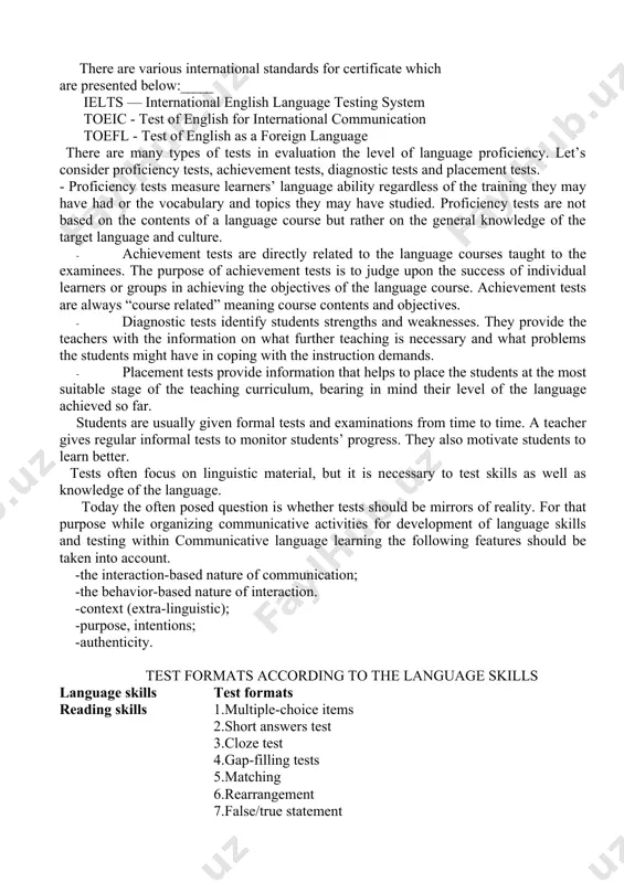 st and originality of ideas, effectiveness of expression, organization 12. monologue this tests oral fluency in 'long turns' - something not everyone can do in their mother tongue! it also tests overall knowledge of pronunciation, grammar and vocabulary. to choose a topic and allot it is not so difficult; to assess is very difficult indeed, demanding concentration and a very clear set of criteria and weighting system. stages in testing. below are given some recommendations of an experienced teacher how to organize testing. before the test i use the period leading up to the test in order to do all i can to ensure that my students will succeed in it. thus the tests are announced at least a week in advance in order to give them plenty of time to prepare and details are given of when, where and how long the test will be. the class is also …