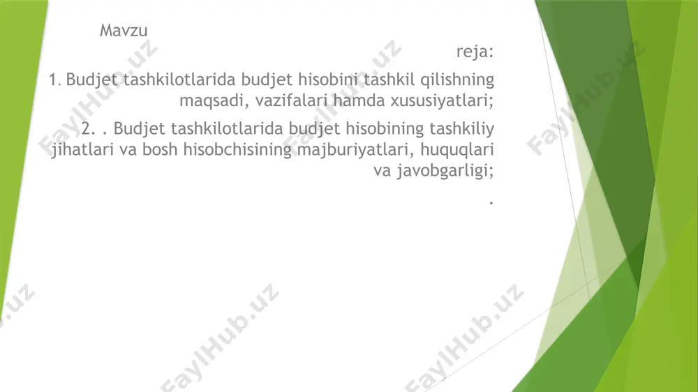 ilotlari buxgalteriya hisobi hisobvaraqlarida aktivlarning holati va harakati, mulkiy qiymatliklar va majburiyatlarning holati to‘g‘risidagi to‘liq hamda aniq ma’lumotlarni shakllantirish; - budjet tashkilotlarida daromadlar va xarajatlar smetalari ijrosi natijalarini shakllantirish; - budjet ijrosiga oid buxgalteriya hisobi ma’lumotlarini umumlashtirish va hisobotlarni tuzish; - buxgalteriya hisobini tashkil etishda zamonaviy axborot texnologiyalaridan keng foydalanish va boshqalar.budjet tashkilotlarida buxgalteriya hisobini alohida hususiyatlari quyidagilardan iborat . “buxgalteriya hisobi to‘g‘risida”gi qonunga muvofiq budjet tashkilotlarida buxgalteriya hisobi quyidagi tamoyillarga asosan tashkil etiladi: - buxgalteriya hisobini ikki yoqlama yozuv usulida yuritish;- uzluksizlik; - xo‘jalik operatsiyalari, aktivlar va passivlarning pulda baholanishi; - aniqlik;- hisoblash; - oldindan ko‘ra bilish (ehtiyotkorlik); - mazmunning shakldan ustunligi; - ko‘rsatkichlarning qiyoslanuvchanligi; - moliyaviy hisobotning betarafligi; - hisobot davri daromadlari va xarajatlarining muvofiqligi; - aktivlar va majburiyatlarning haqiqiy baholanishi. budjet tashkilotlarida budjet hisobining tashkiliy jihatlari va bosh hisobchisining majburiyatlari, huquqlari va javobgarligi. o‘zbekiston respublikasining “buxgalteriya hisobi to‘g‘risida”gi qonuniga hamda budjet tashkilotlarida buxgalteriya hisobi to‘g‘risidagi yo‘riqnomaga (adliya …
