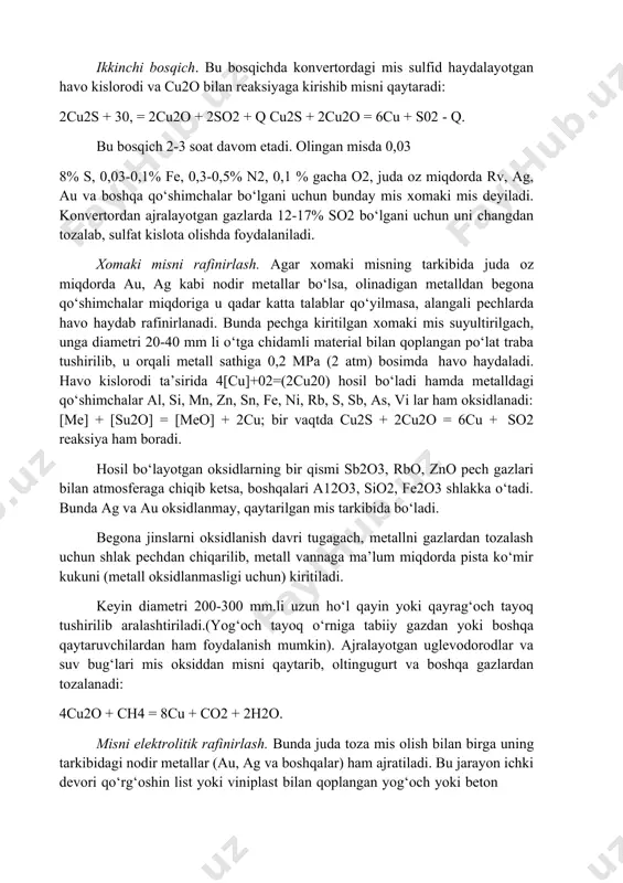 orizontal konvertorning sxemasi: 1 - roliklar; 2 - konvertorni aylantiruvchi mexanizm; 3 - o‘tga chidamli futerovka; 4 - konvertor og‘zi; 5 - pechga flyus kiritish varonkasi; 6 - havo trubasi; 7 - furma. ular vannaga tushirilganda oralig‘i 40 mm bo‘ladi. elektrolitli vannaga tushirilgan anodlar o‘zgarmas tok manbaining musbat qutbiga, katodlar esa manfiy qutbiga ulanadi (16-rasm). elektrolitdan kuchlanishi 2-3 v va zichligi 100-150 a/m2.li o‘zgarmas tok o‘tkaziladi. anod plastinkalari elektrolitda erib, su kationlar tarzida eritmaga o‘tadi. mis ionlari katod plastinkalariga o‘tib zaryadsizlanadi: ci 2 + 2 e  cu. demak, elektroliz vaqtida anod plastinkalarining erib borishi bilan katod plastinkalari toza mis bilan qoplana boradi. bunda begona qo‘shimchalar vanna tubiga cho‘kadi. bu misning moo, mo, ml, m2, мз, м4 markalari bo‘ladi. moo da misning miqdori 99,99% bo‘ladi. 11- rasm. misni elektroliz yo‘li bilan rafinirlash vannasining sxemasi: 1 - anod shinasi; 2 - katod shinasi; 3 - anodlar; 4 - katodlar; 5- elektrolit. …