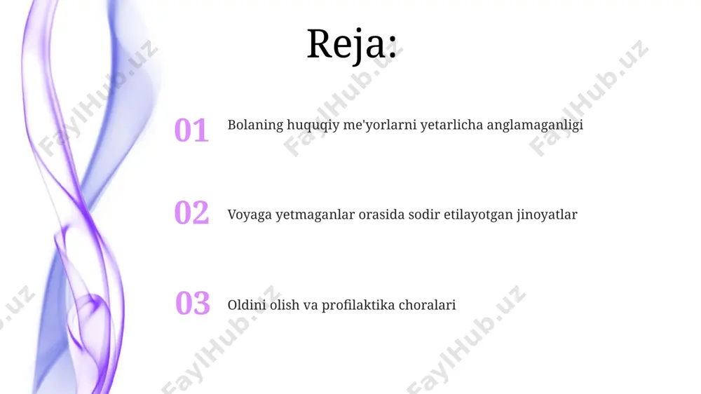 bo'yicha suhbatlar o'tkazib, ularning yoshga mos ravishda jinoyat va huquqbuzarliklar haqida tushunchalarini shakllantirishlari kerak. maktab o'qituvchilari, ayniqsa, sinf rahbarlari, yiliga kamida 2 marta huquqiy savodxonlik darslarini o'tishlari va o'quvchilarga 10 yoshdan boshlab oddiy jinoyatlarning oqibatlari haqida tushuntirish ishlarini olib borishlari zarur. jinoyatning turlari va ularning xususiyatlari voyaga yetmaganlar orasida o'g'irlik, talonchilik kabi 15 yoshgacha bo'lgan shaxslar tomonidan sodir etiladigan jinoyatlarning ko'p qismi o'z-o'zini himoya qilish instinkti yoki ta'sirchanlik tufayli sodir bo'ladi. voyaga yetmaganlar orasida giyohvand moddalar bilan bog'liq jinoyatlar, masalan, noqonuniy savdo yoki iste'mol qilish, 10-17 yosh oralig'ida 30% ga yaqin qayd etilgan va bu o'spirinlarning psixologik zaifligini ko'rsatadi. voyaga yetmaganlar o'rtasidagi jinoyatlarning sabablari jinoyatchilikka moyillikni rivojlantirishda ommaviy axborot vositalarining salbiy ta'siri, ayniqsa, zo'ravonlikni targ'ib qiluvchi filmlar va o'yinlar, 30% ga yaqin holatlarda aniqlangan. voyaga yetmaganlarning 60% gacha bo'lgan qismi oiladagi zo'ravonlik, e'tiborsizlik va qashshoqlik kabi salbiy ijtimoiy-iqtisodiy omillar ta'sirida jinoyat sodir etishadi. huquqiy bilimlarni oshirishning ahamiyati huquqiy tarbiya dasturlari …