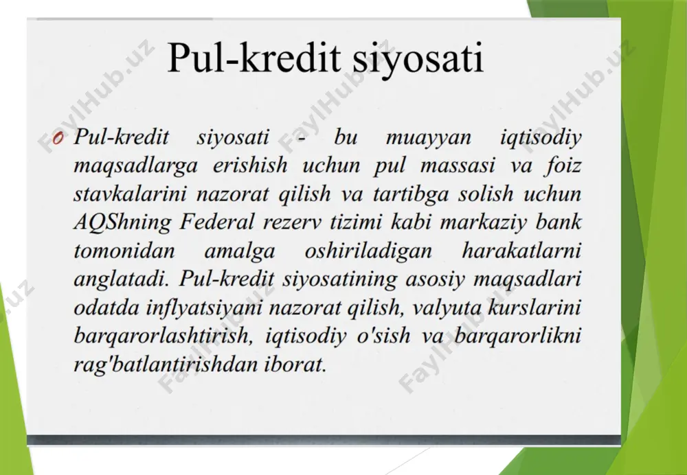 an davlatlari (aqsh, shveysariya, xitoy, rossiya, hindiston, braziliya va boshqalar)da majburiy zaxira talablari qo'llanib kelinmoqda. xususan, o'zbekiston respublikasi markaziy banki tomonidan ham majburiy zaxira talablari pul massasini tartibga solish hamda mamlakat bank tizimining likvidliligiga ta'sir etishning muhim va ta'sirchan vositasi sifatida amaliyotda qo'llanilmoqda. mazkur amaliyot tijorat banklari tomonidan markaziy bankda alohida ochilgan hisobvaraqqa majburiy tartibda depozitga pul mablag'lari o'tkazish orqali amalga oshiriladi. xulosa qilib shuni aytish mumkinki, majburiy zaxiralash instrumenti markaziy bank pul-kredit siyosatining tijorat banklarining moliyaviy barqarorligini ta'minlashning zaruriy sharti bo'lgan minimal likvidlilik darajasini ta'minlovchi asosiy omillardan biri bo'lib, bank tizimidagi likvidlik darajasini boshqarish va shu orqali iqtisodiyotdagi pul taklifini tartibga solishda keng foydalaniladi. 2023-yilda inflyatsiya 8,77 foizni tashkil qildi. 2023-yil yakuniga ko‘ra o‘zbekistonda 8,77 foizli inflyatsiya qayd etildi, bu 2016-yildan beri eng past ko‘rsatkich sanaladi. yil davomida guruch 38,7%, go‘sht 9,3%, sut 13,3%, tuxum 11,7%, shakar 11% ga qimmatladi. benzin narxi 19,1%, propan narxi esa 29,4% ga oshdi. …