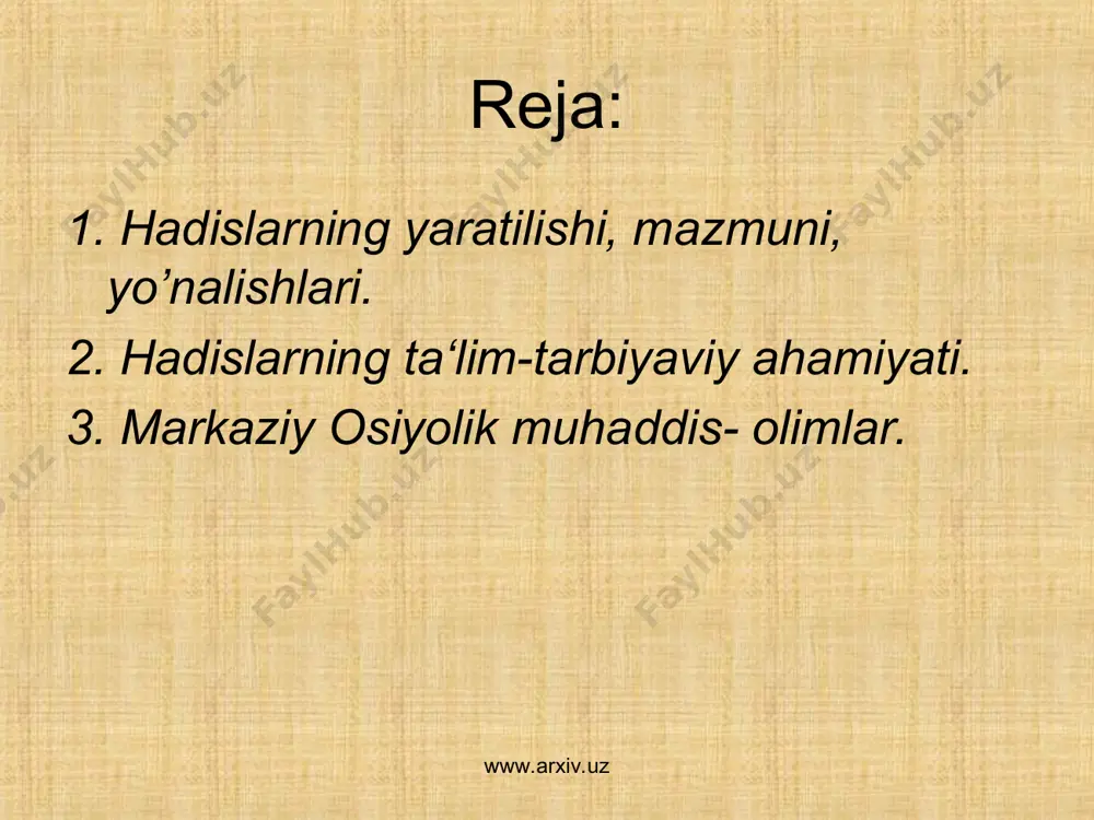olatli bo’lmoq, 2. barchaga salom bermoq, 3. kambag’alligida ham sadaqa berib turmoq, to’rt illat kimda bo’lsa, munofiq sanalgan bo’lar: 1. omonatga xiyonat qilmoq, 2. so’zlasa yomon so’zlagan, 3. urushib qolsa kek saqlaganlar. islomda 2 xil ilm haqida fikr yuritiladi: 1. huquqiy (fiqx), diniy yo’l-yo’riqlar ilmi, 2. dunyoviy ilmlar. www.arxiv.uz www.arxiv.uz «ilmning ofati unutishdir. uni noahil kishiga gapirish esa uni zoe qilishdir»,-deb ta’kidlangan. hadislar mazmunan har bir kishining ishonchini, e’tiqodini mustahkamlaydi va insonni ma’naviy kamolotga yo’llaydi www.arxiv.uz www.arxiv.uz