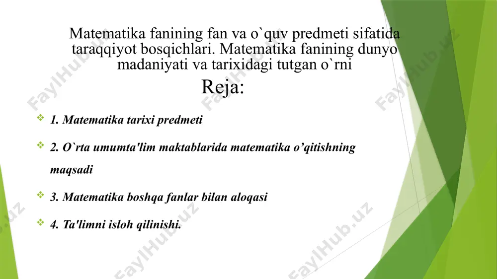 l etishiga to'g'ri keladi. bu vazifalar ro'yxatini keltirish ancha mushkul ish, ammo bo'lajak matematika o'qituvchilari matematika tarixidan nimalarni bilishlari zarur ekanini sanab ko'rsatish mumkin. matematika rivojlanishining asosiy davrlari ko'pchilik matematika tarixchilari matematika rivojlanishining a.n.kolmogorov tomonidan tavsiya qilingan davrlashtirishni ma'qul ko'radilar. buning asosiy sababi, kolmogorovning davrlashida matematikaning muhim metodlari, g'oyalari va natijalari, ya'ni matematikaning mazmunini baholash asos qilib olingan. matematika rivojlanishini bunday maxsus davrlarga bo'lish matematika tarixini mohiyatini butunlay hal qilib bermaydi, balki matematika rivojlanishining obyektiv qonunlarini yaxshiroq tushunish uchun qo'shimcha bir vosita bo'ladi. uning fikricha matematika rivojlanishini quyidagi to'rt davrga bo'lish maqsadga muvofiqdir: matematikaning vujudga kelishi. bu davr eradan oldingi vi-y asrlargacha davom etgan, ya'ni bu davrda matematika o'zining predmeti va metodlariga ega bo'lgan mustaqil fanga aylangan. davrning boshi eng qadimgi davr-ibtidoiy jamoa tuzumiga borib taqaladi. bu davrning xarakterli tomoni-matematik faktlarning yig'ilishidan iborat. elementar matematika davri (o'zgarmas miqdorlar matema­tikasi davri). u er.avv. vi-v asrlardan xvii asrgacha davom etgan. bu davrda …