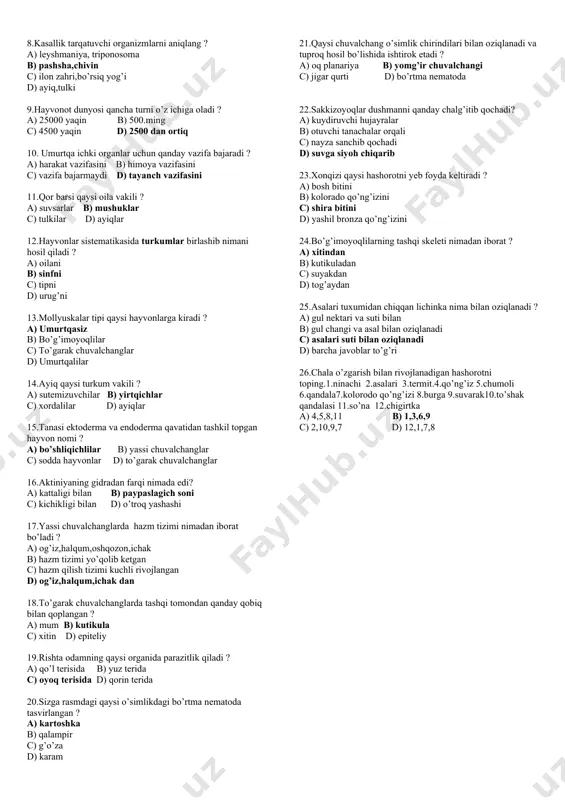 to’rtburchak yashil suvo’ti c) sharsimon yashil suvo’ti d) sharsimon yashil-ko’k suvo’ti 54.xlorella qaysi organik moddaga boy ? a) oqsil b) yog’ c) nuklein kislota d) uglevod 55.xlamidomonada suvo’tini xromotoforini shakli ? a) to’g’ri to’rburchak b) doirasimon c) burchaksimon d) kosachasimon 56.zoospora necha xivchinli bo’ladi ? a) bir xivchinli b) ikki xivchinli c) to’rt xivchinli d) besh xivchinli 57.ulotriksni zigotasidan nechta ulotriks ipi hosil bo’ladi a) 2 ta b) 4 ta c) 3 ta d) 5 ta 58.qaysi suvo’tini tallomi shilimshiq bilan o’ralgan ? a) ulotriks b) spirogira c) xara d) porfira 59.qaysi suvo’ti belbog’li xromatoforga ega ? a) xara b) spirogira c) ulotriks d) nemalion 60.qaysi suvo’tini xromatofori spiralsimon buralgan bo’ladi ? a) laminariya b) xlorella c) ulva d) spirogira 61.qaysi suvo’tini tallomi bir qavat hujayralardan iborat ? a) xara b) porfira c) laminariya d) xlorella 62.qaysi suvo’ti “dengiz salati” deb ataladi ? a) porfira b) xlorella c) ulva d) …